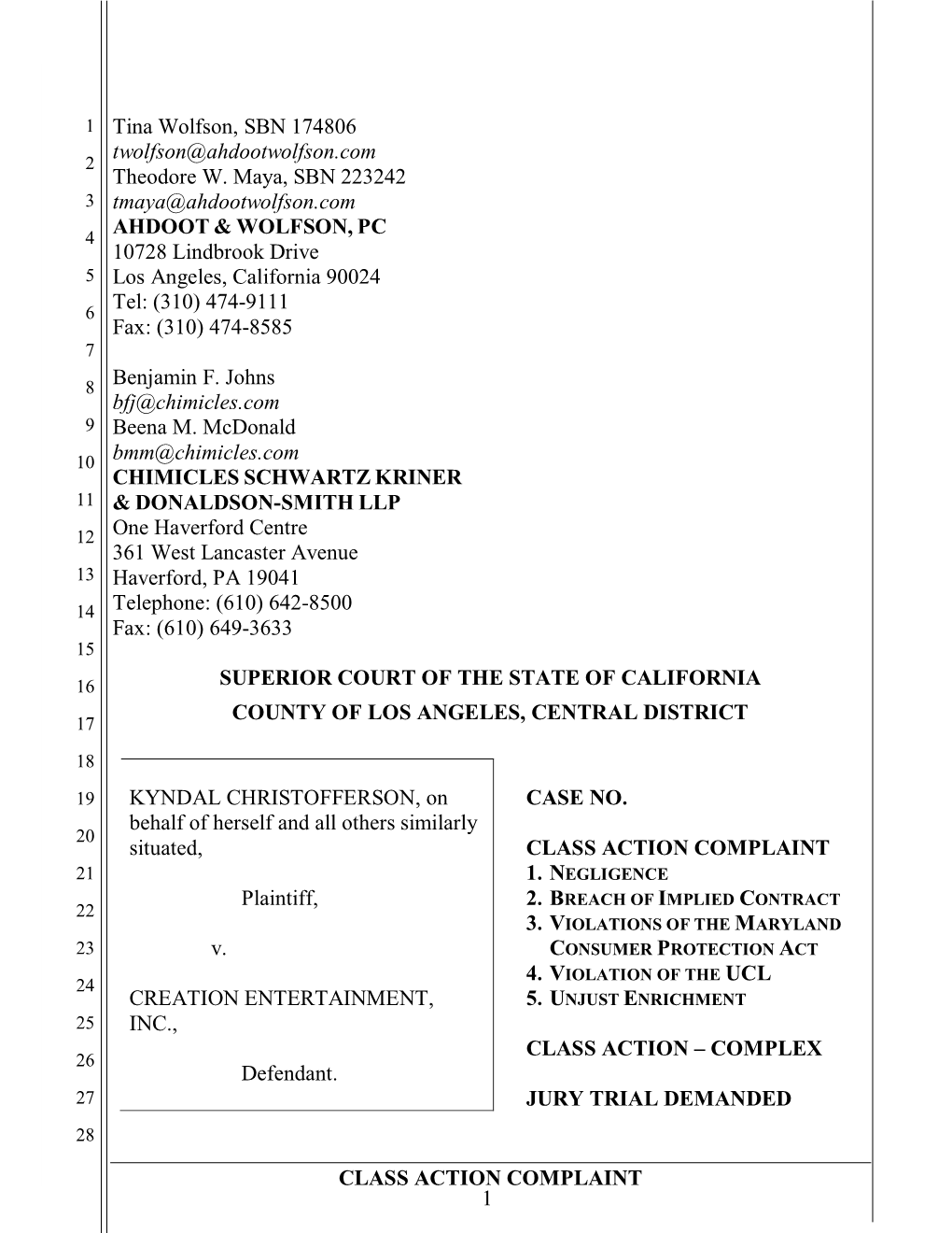 CLASS ACTION COMPLAINT 1 Tina Wolfson, SBN 174806 Twolfson