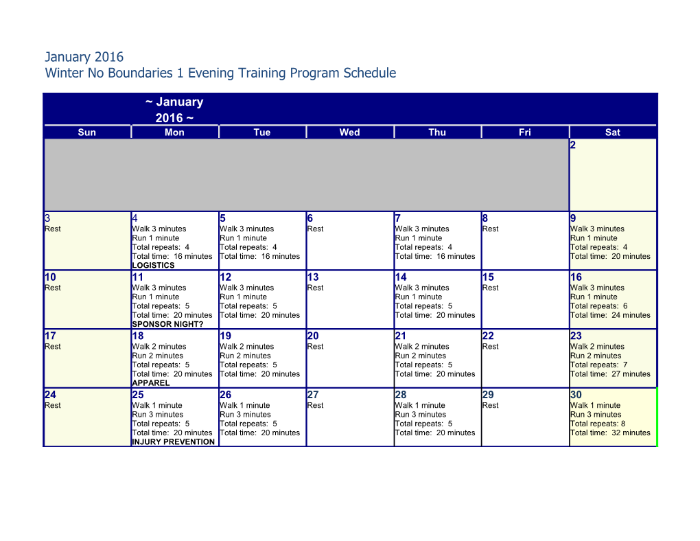 Winter No Boundaries 1 Evening Training Program Schedule