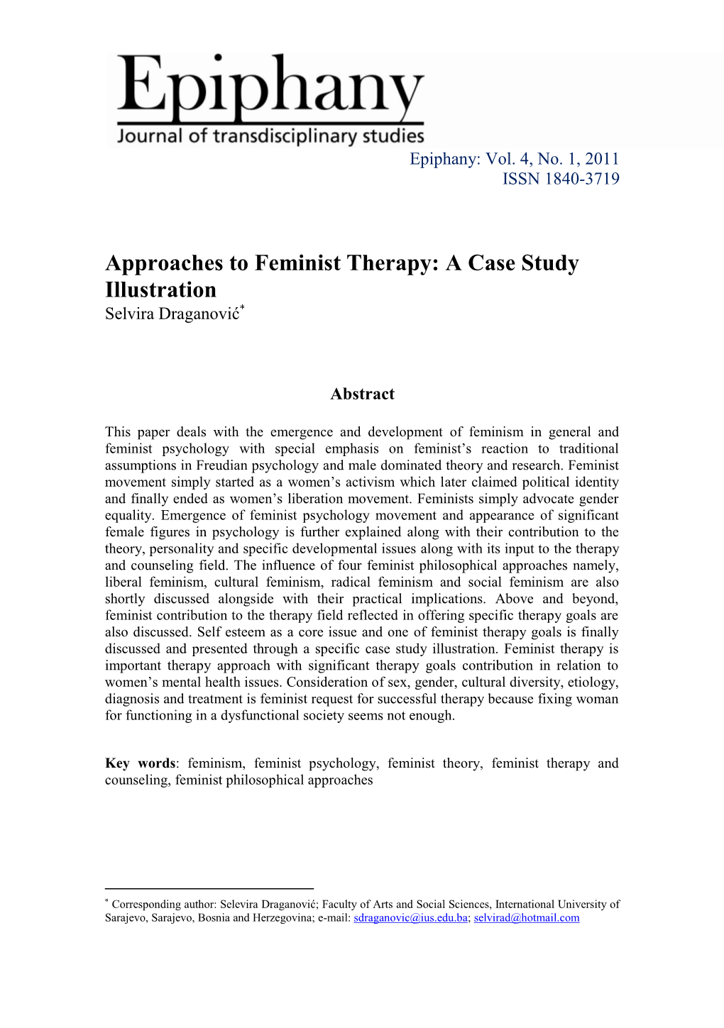 Approaches to Feminist Therapy: a Case Study Illustration Selvira Draganović