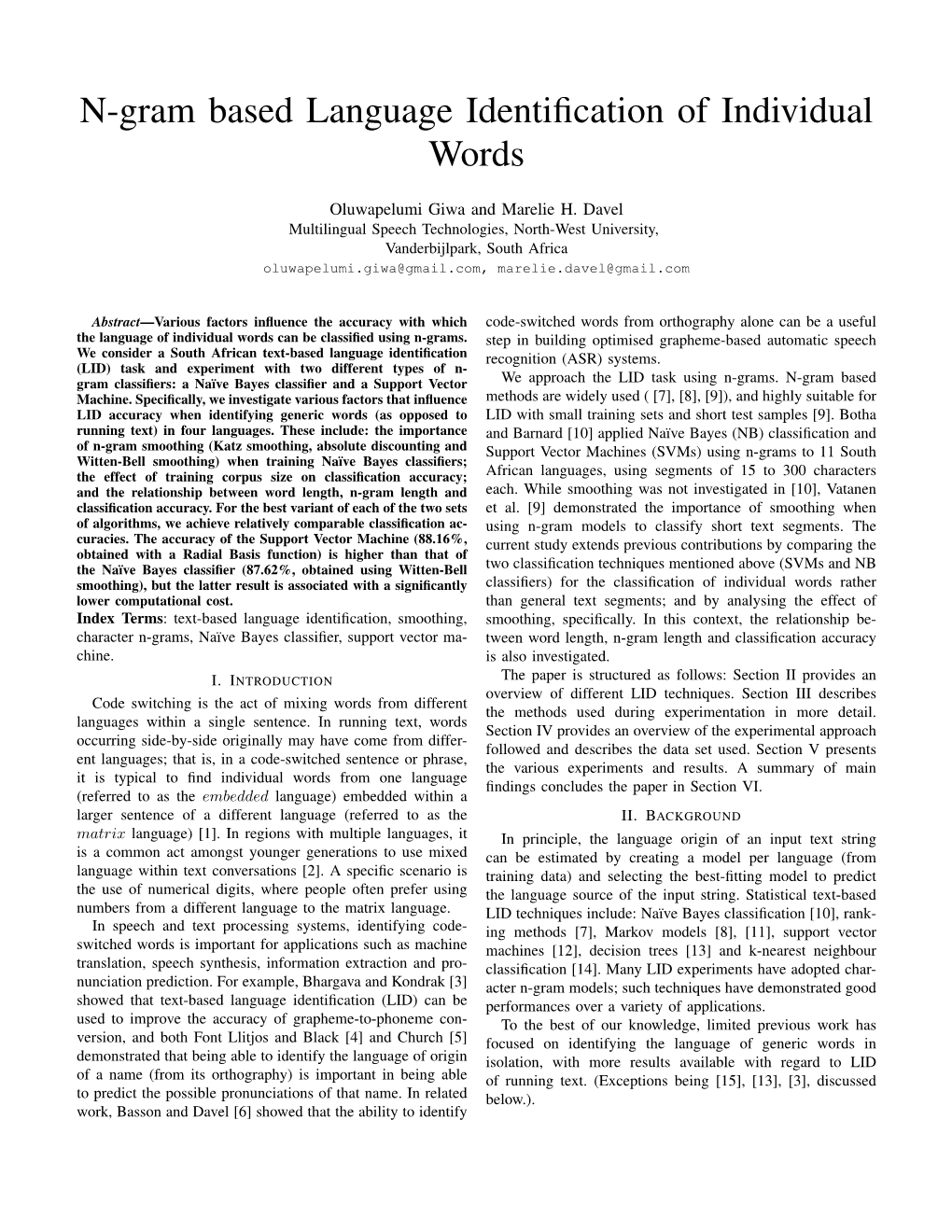 N-Gram Based Language Identification of Individual Words
