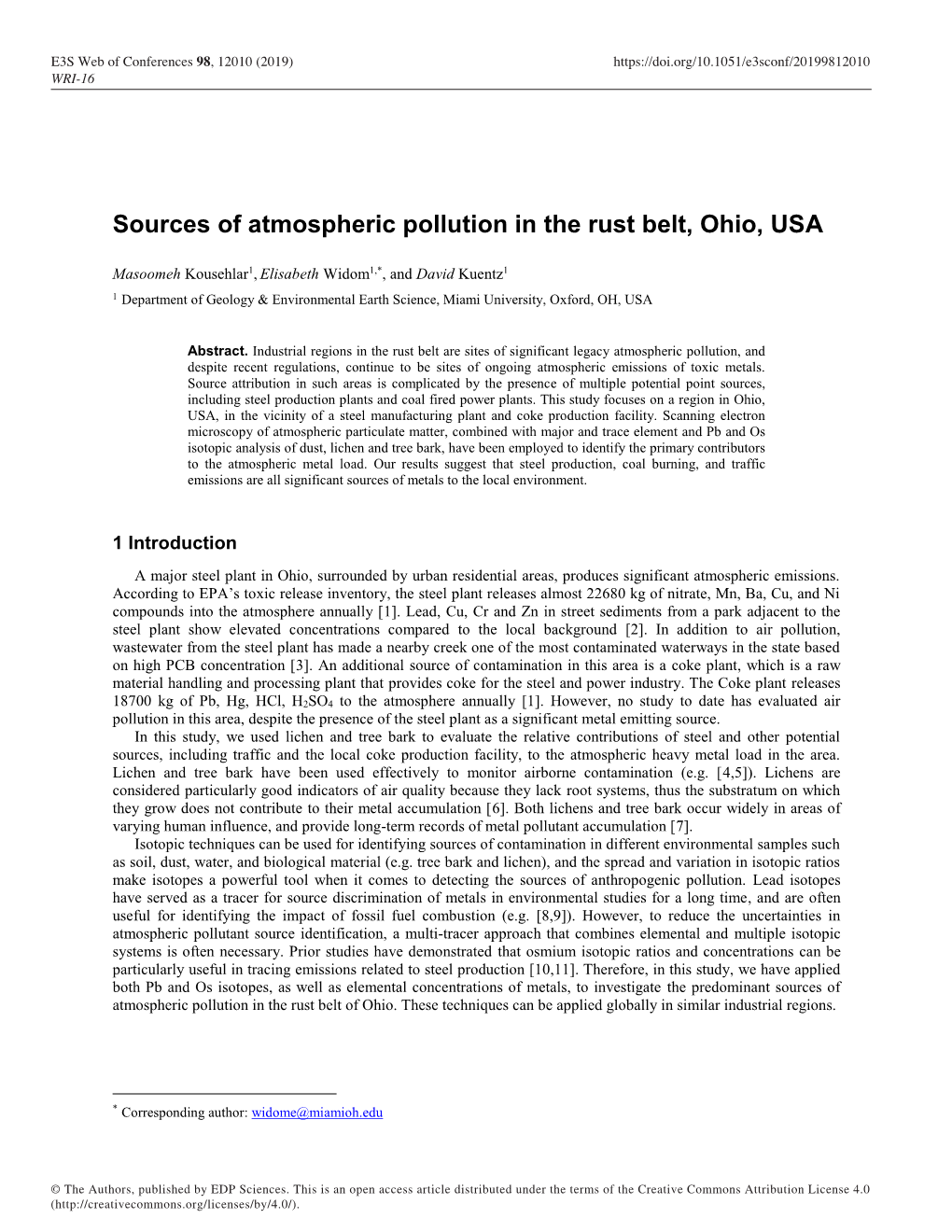 Sources of Atmospheric Pollution in the Rust Belt, Ohio, USA