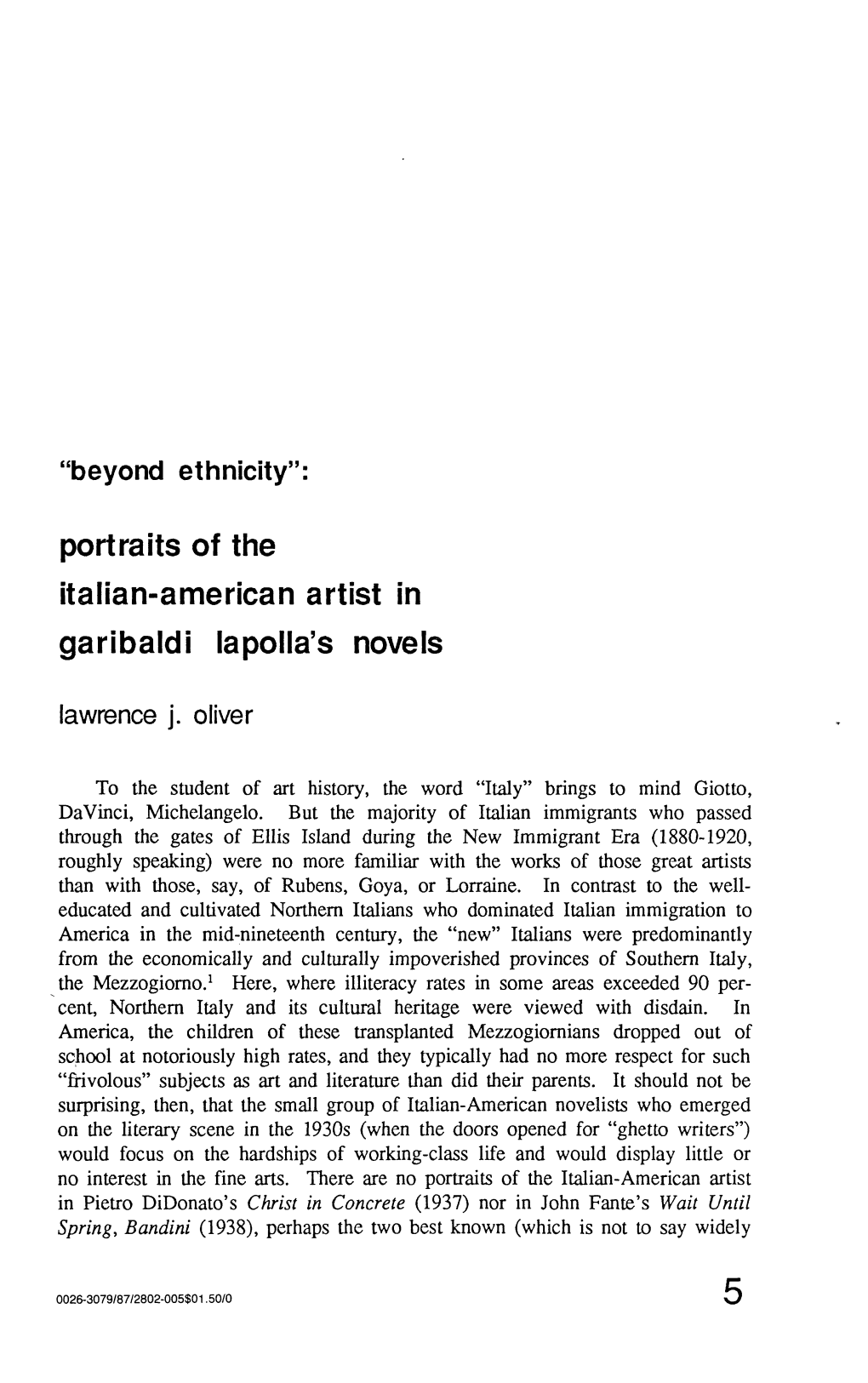 Portraits of the Italian-American Artist in Garibaldi Lapolla's Novels Lawrence J