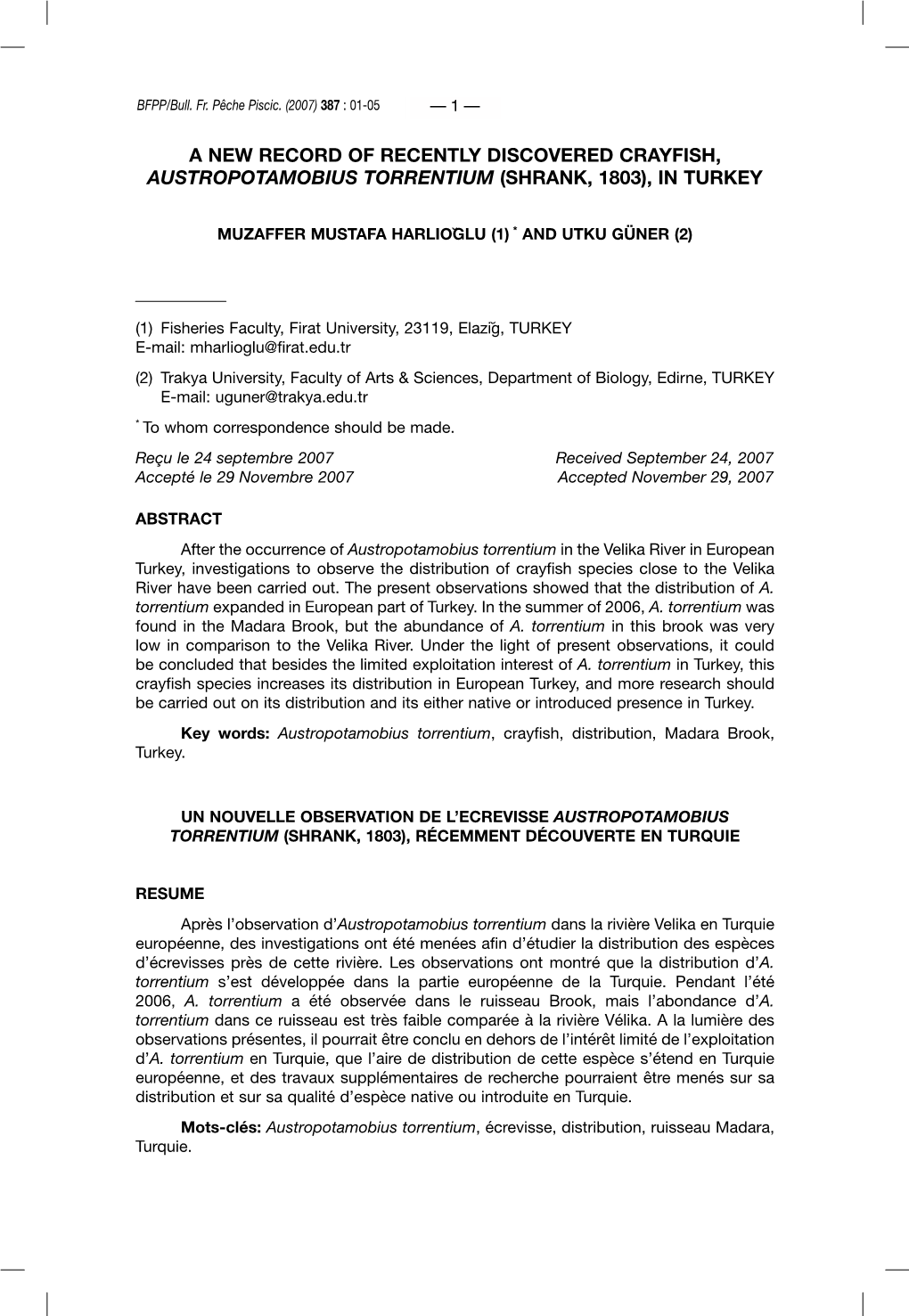 A New Record of Recently Discovered Crayfish, Austropotamobius Torrentium (Shrank, 1803), in Turkey