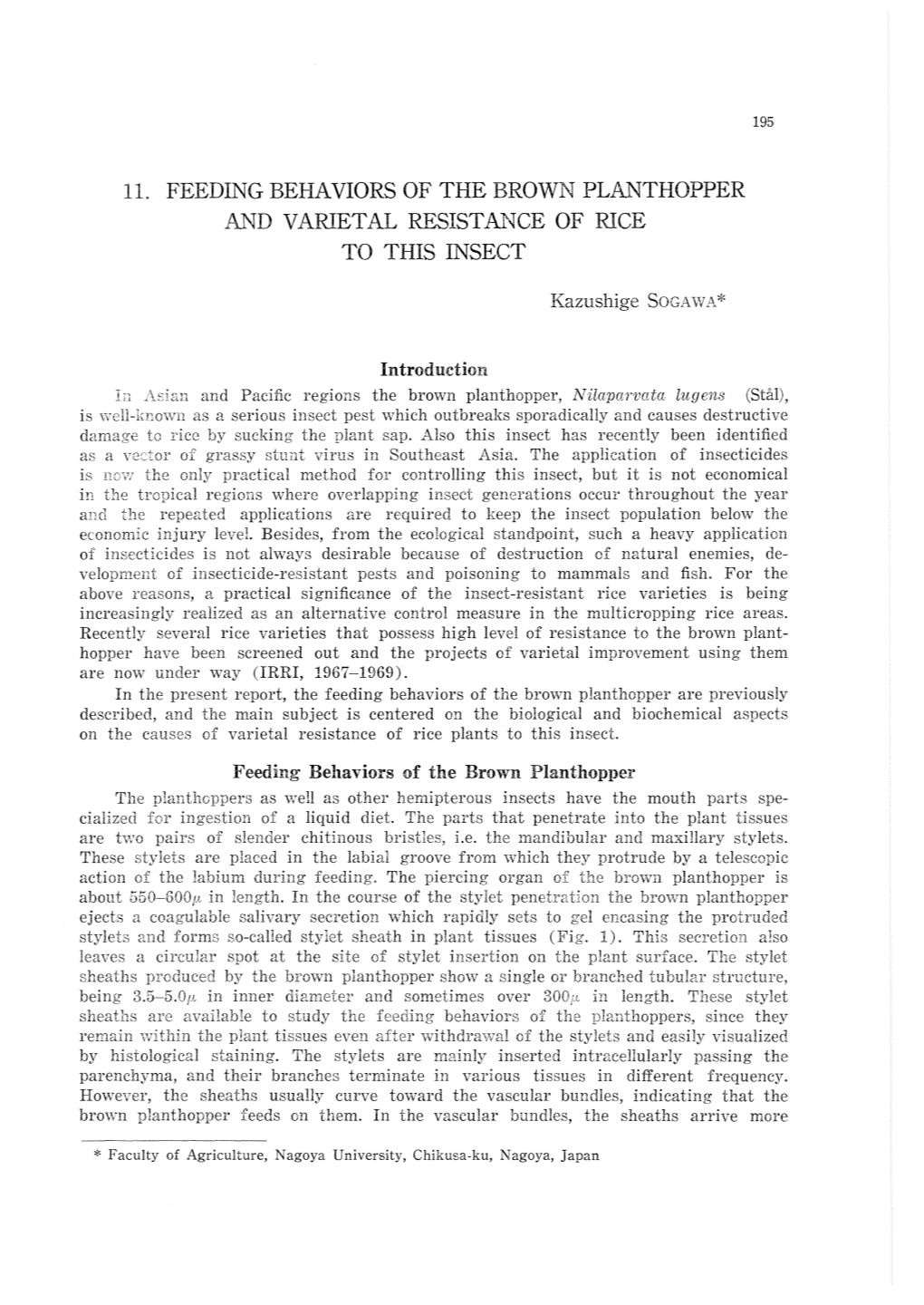 11. Feeding Behaviors of the Brown Planthopper and Varietal Resistance of Rice to This Insect