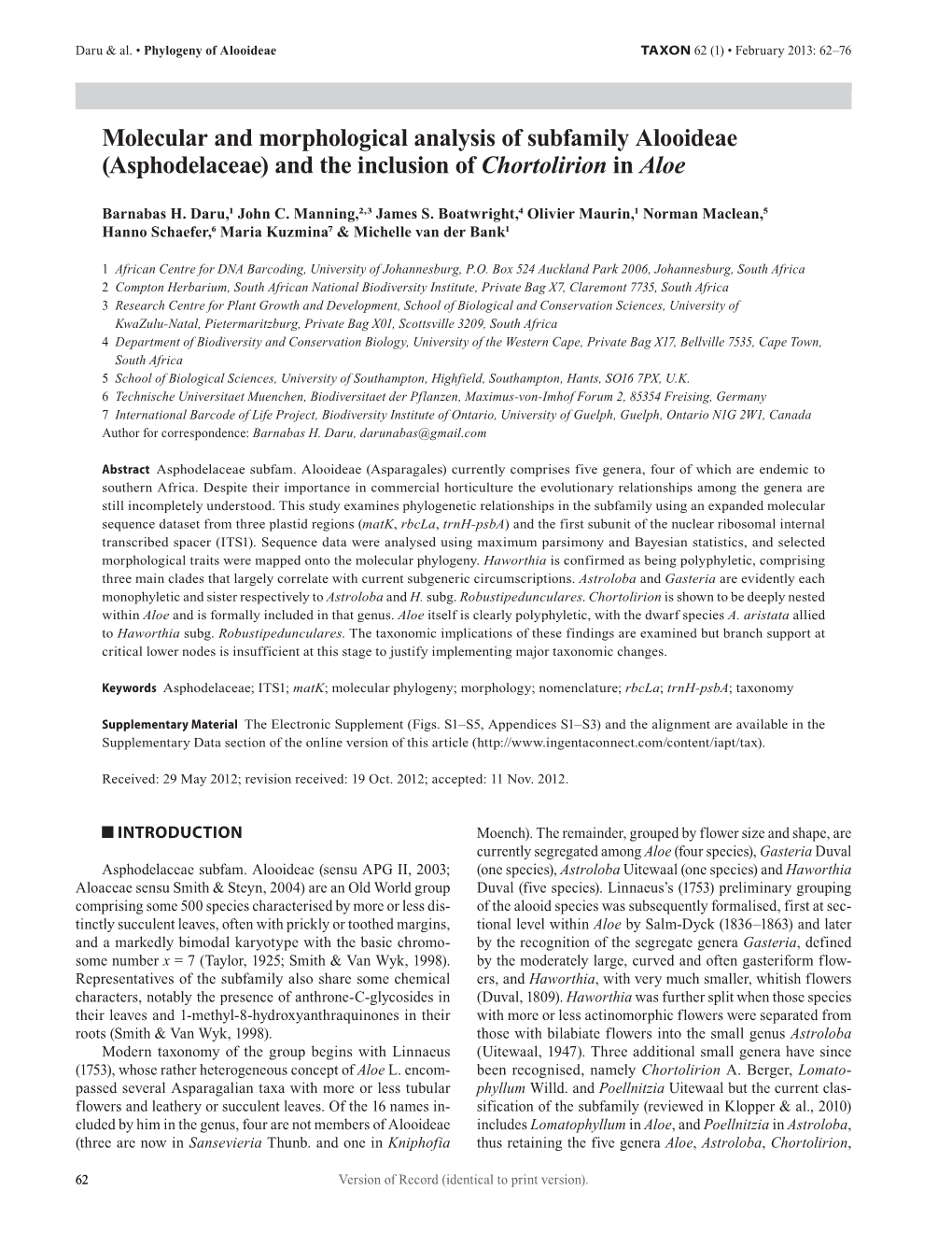 Asphodelaceae) and the Inclusion of Chortolirion in Aloe