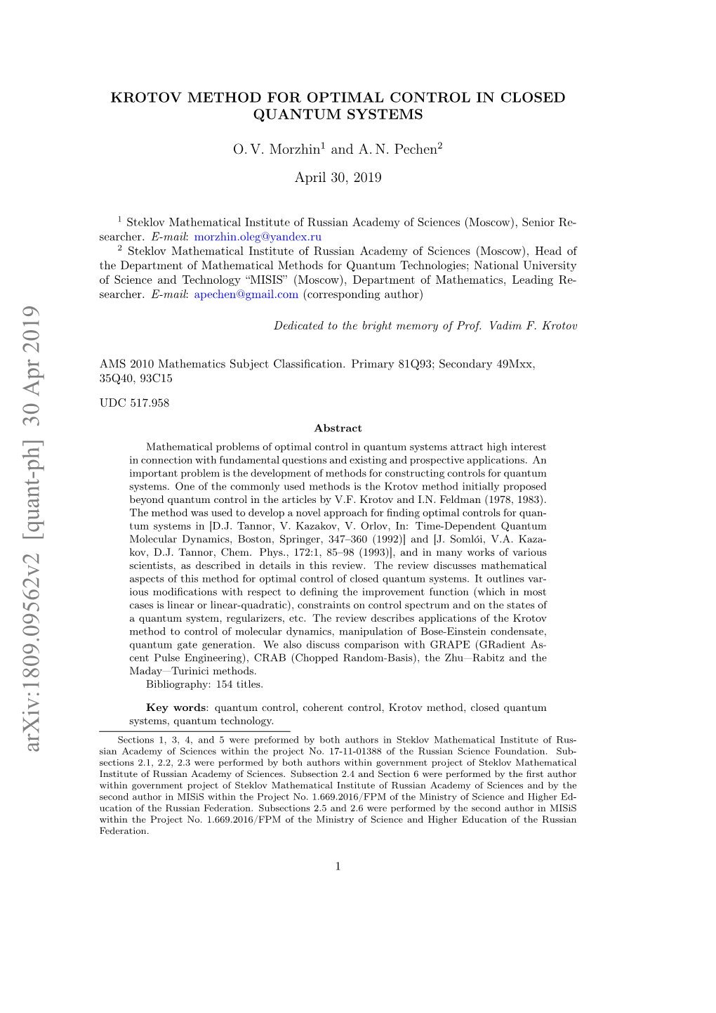 Arxiv:1809.09562V2 [Quant-Ph] 30 Apr 2019 Sian Academy of Sciences Within the Project No