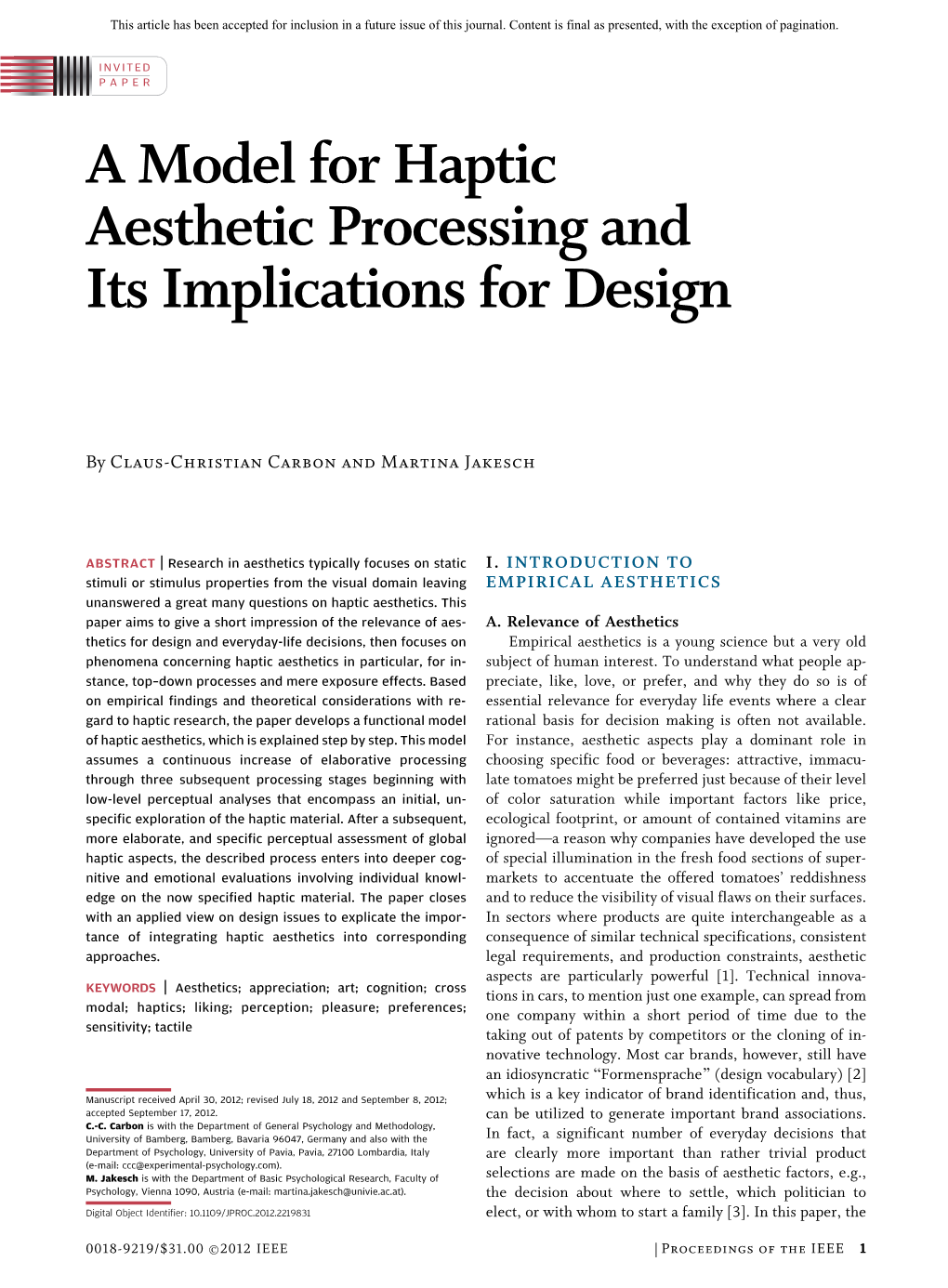 A Model for Haptic Aesthetic Processing and Its Implications for Design