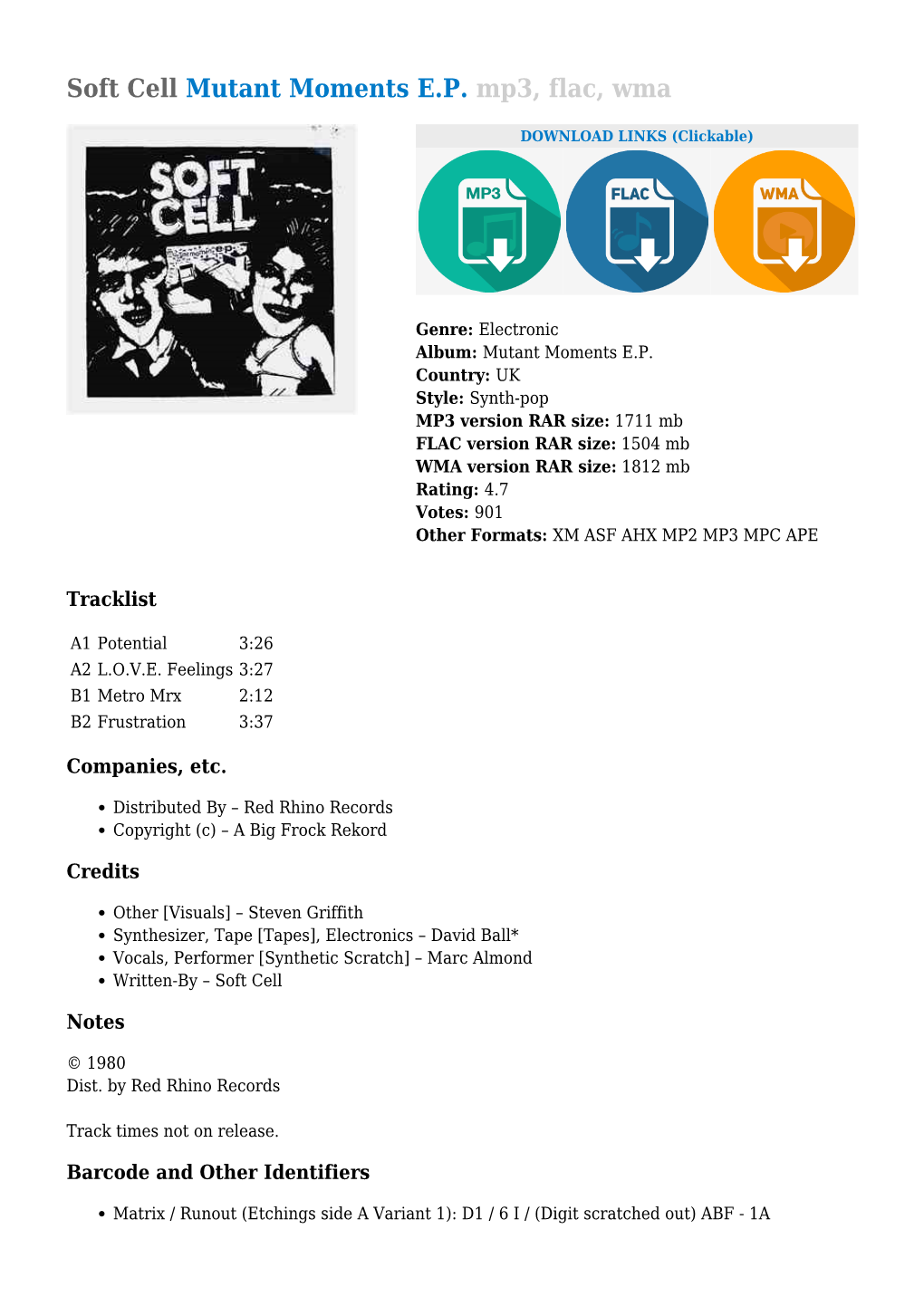 Soft Cell Mutant Moments EP Mp3, Flac