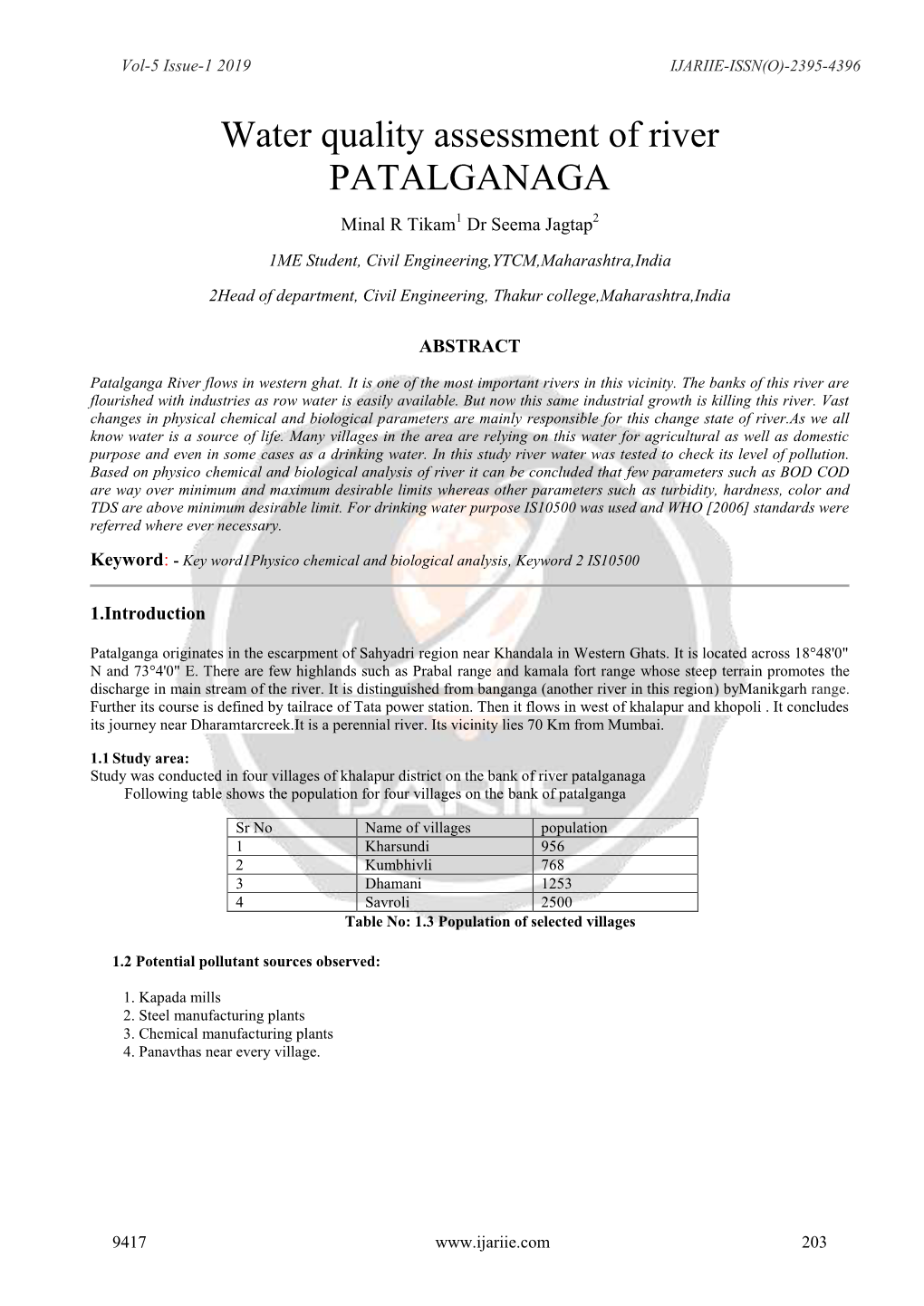 Water Quality Assessment of River PATALGANAGA Minal R Tikam1 Dr Seema Jagtap2