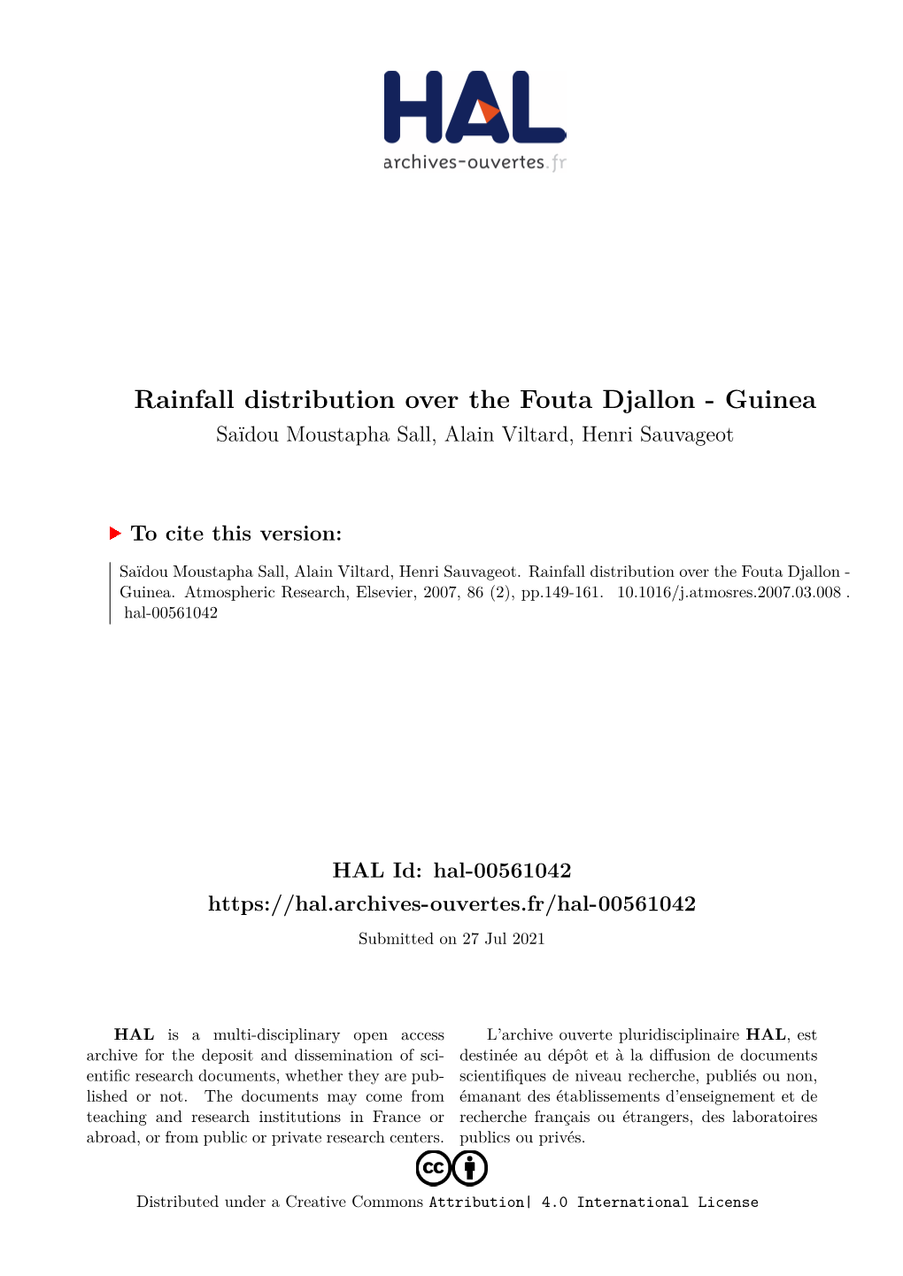 Rainfall Distribution Over the Fouta Djallon - Guinea Saïdou Moustapha Sall, Alain Viltard, Henri Sauvageot