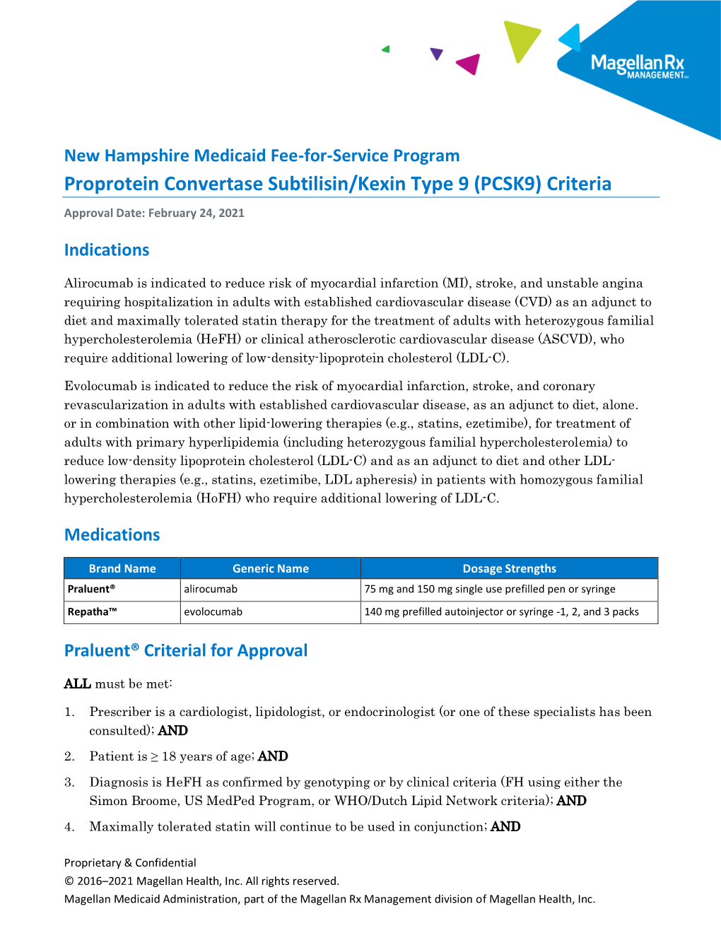 Proprotein Convertase Subtilisin/Kexin Type 9 (PCSK9) Criteria Approval Date: February 24, 2021