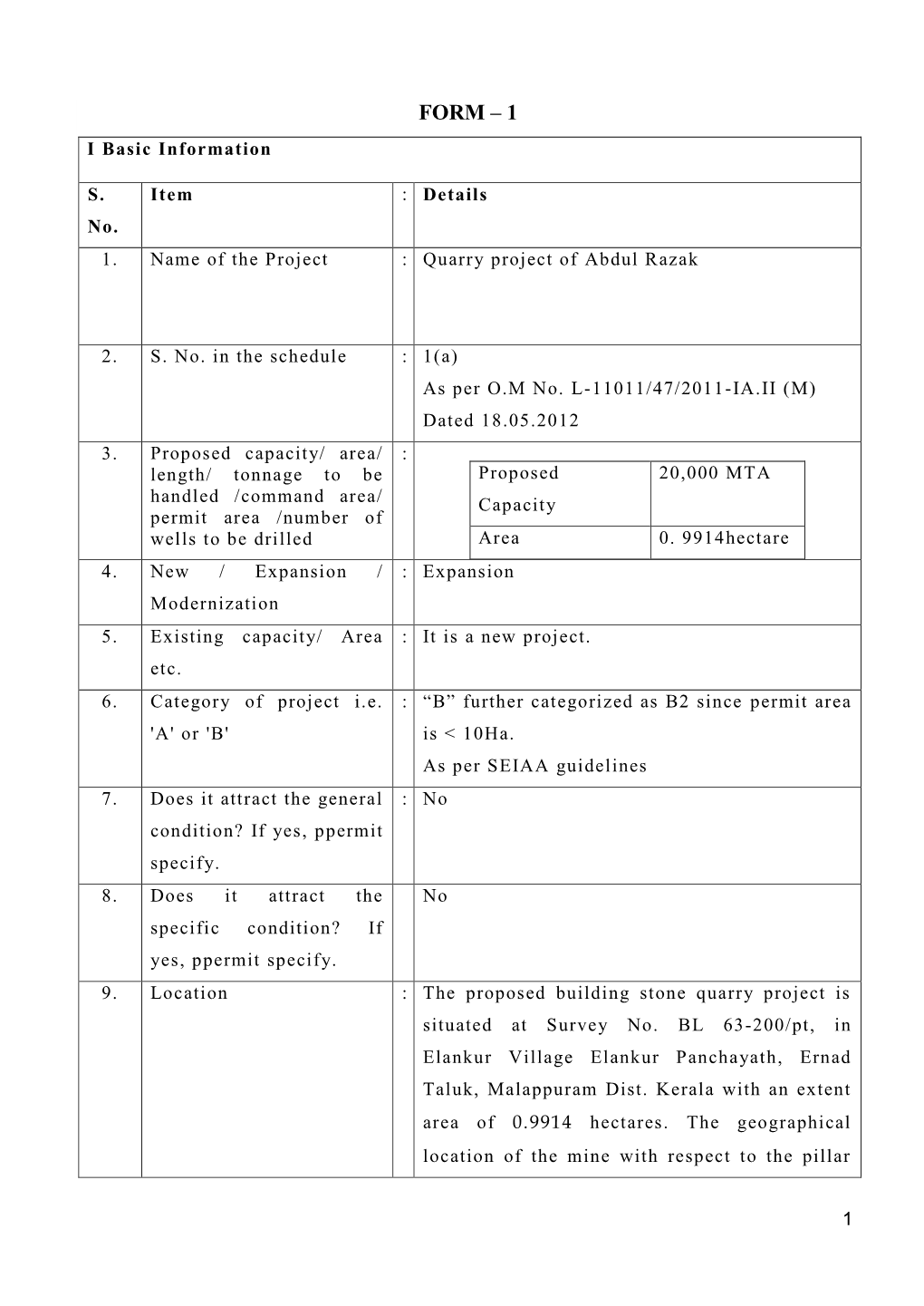 FORM – 1 I Basic Information