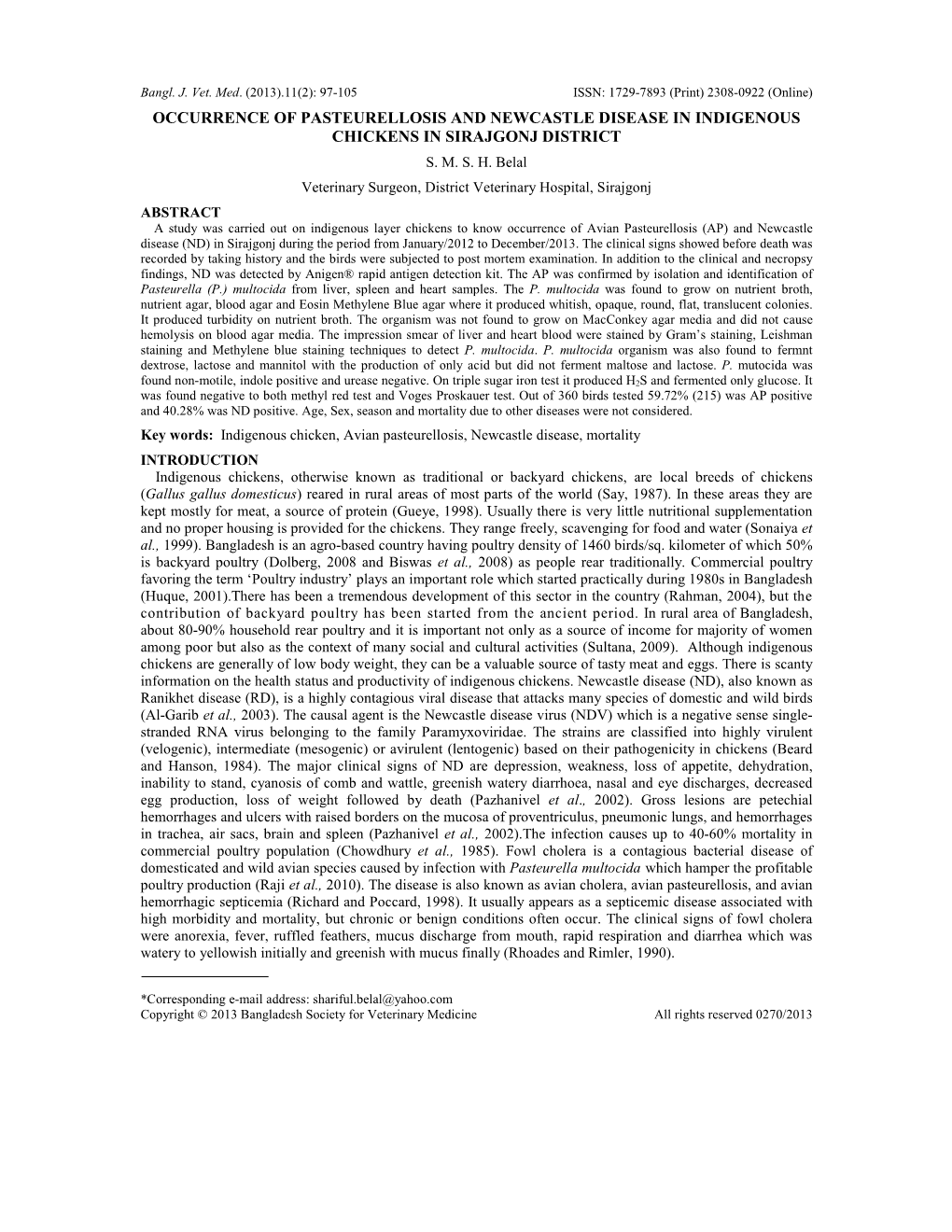 Occurrence of Pasteurellosis and Newcastle Disease in Indigenous Chickens in Sirajgonj District