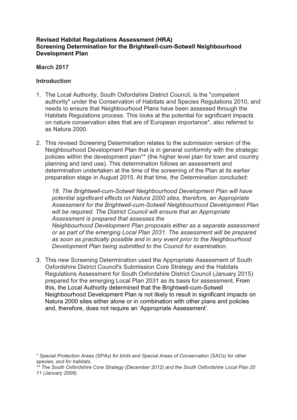 Revised Habitat Regulations Assessment (HRA) Screening Determination for the Brightwell-Cum-Sotwell Neighbourhood Development Plan