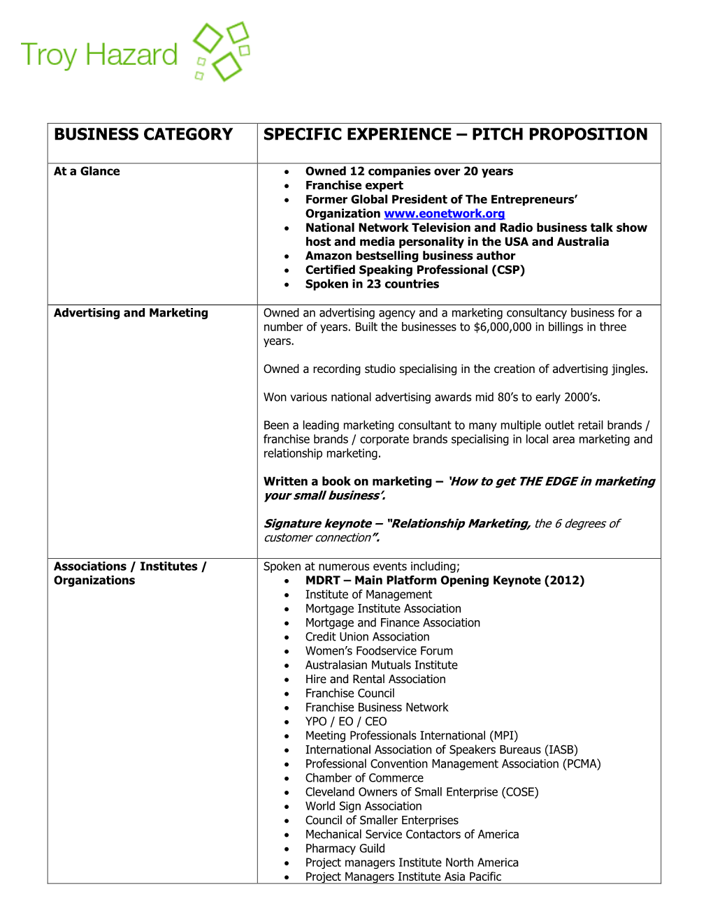 Business Category Specific Experience – Pitch Proposition