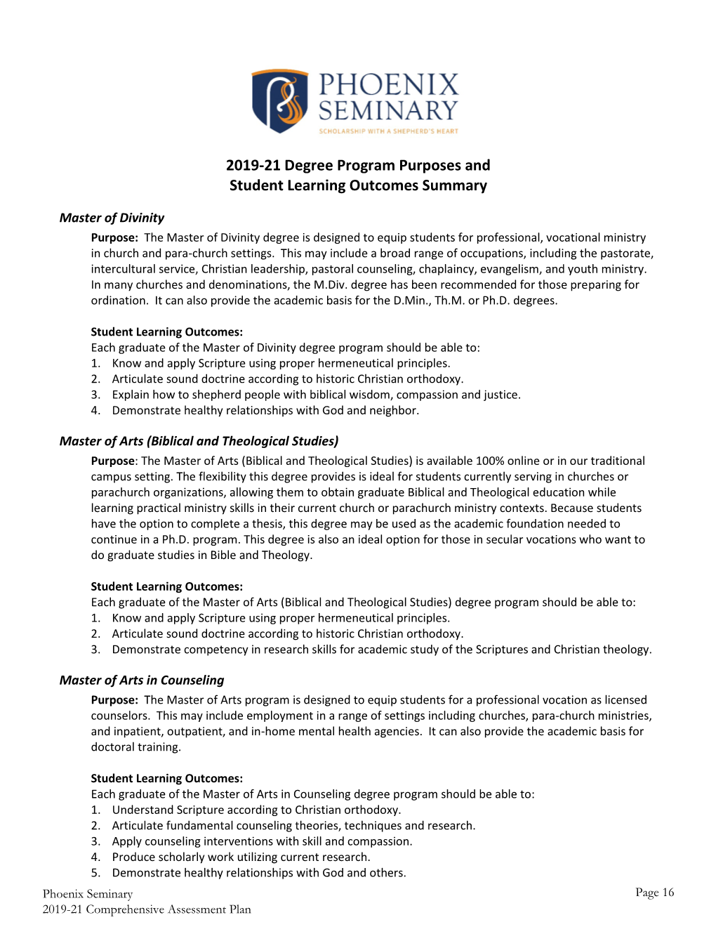 2019-21 Degree Program Purposes and Student Learning Outcomes Summary