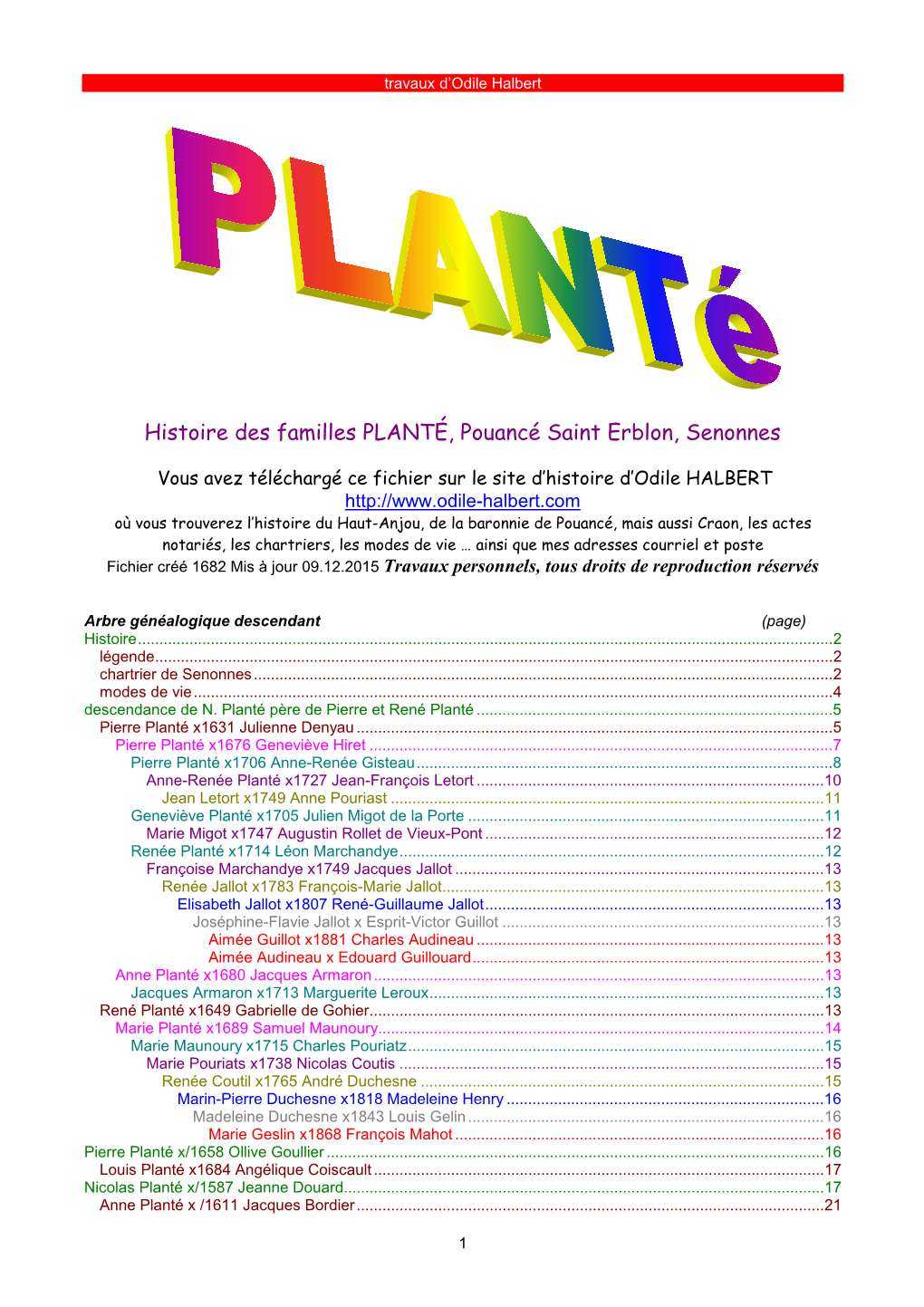 Histoire Des Familles PLANTÉ, Pouancé Saint Erblon, Senonnes