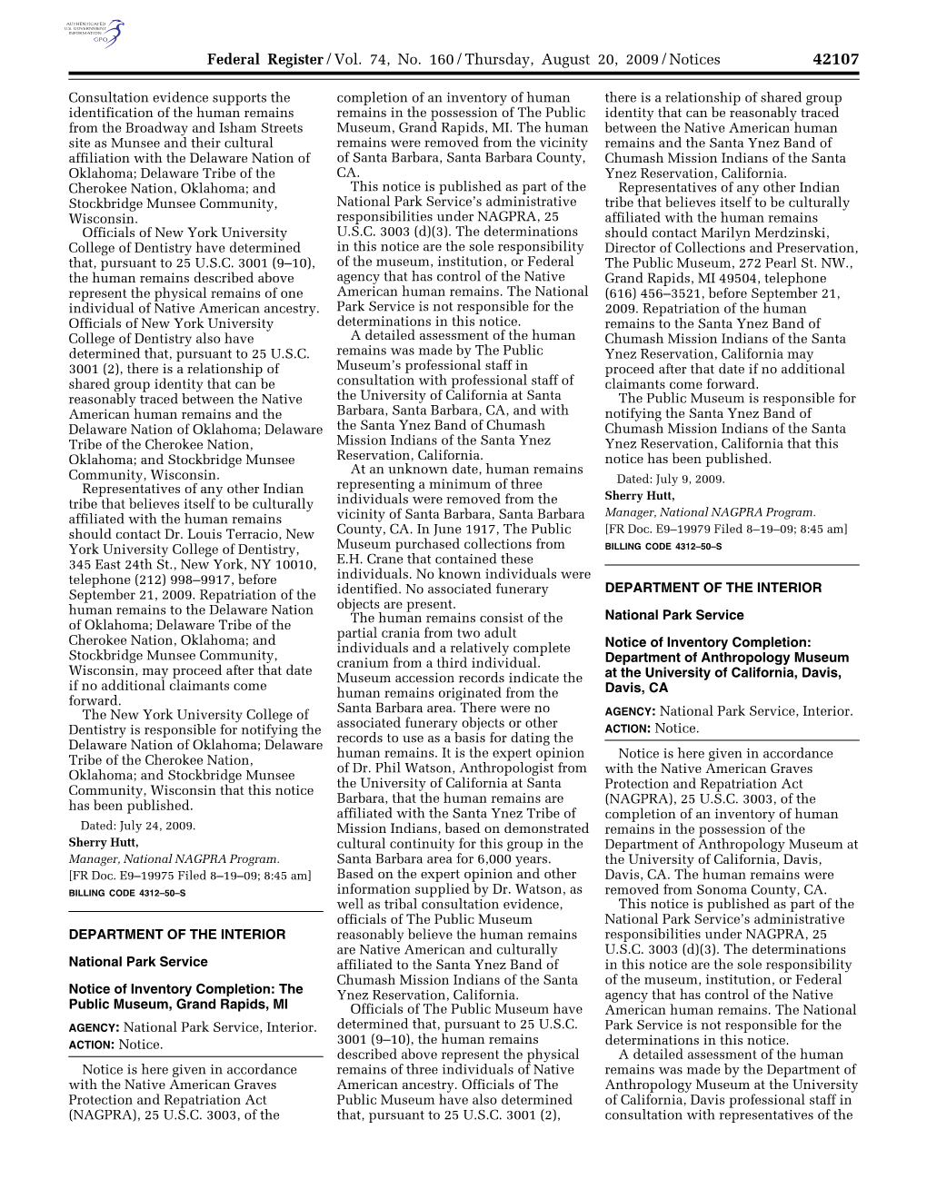 Federal Register/Vol. 74, No. 160/Thursday, August 20, 2009