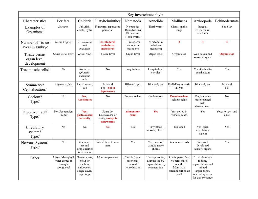 Key Invertebrate Phyla Characteristics Porifera Cnidaria Platyhelminthes