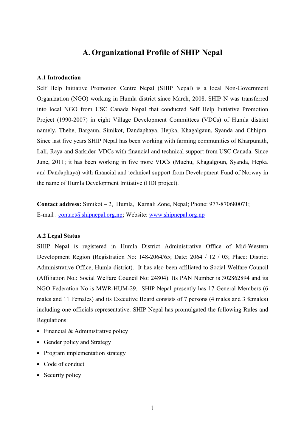 A.Organizational Profile of SHIP Nepal