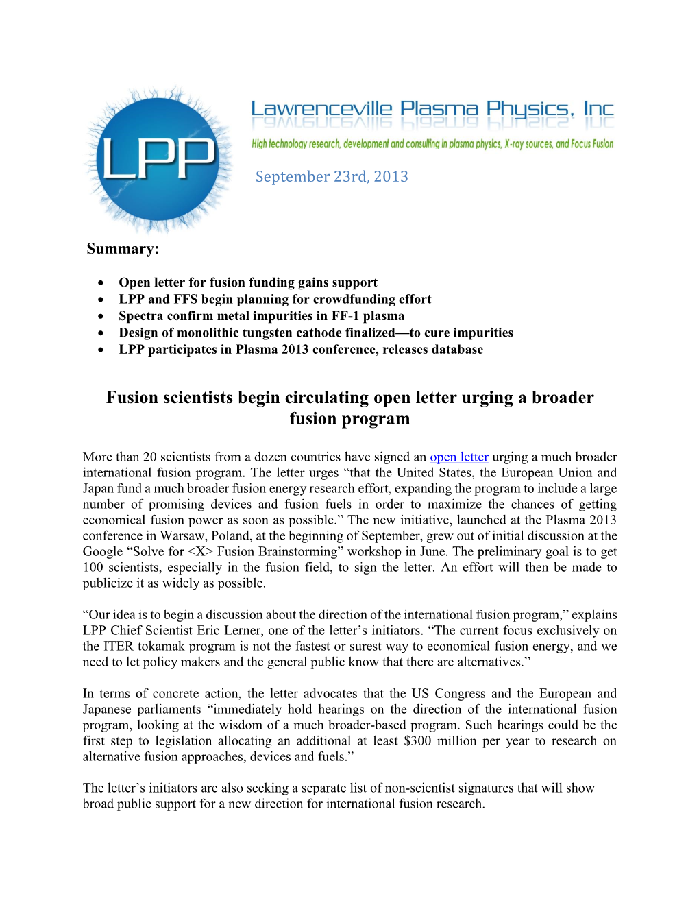 LPP Focus Fusion Report September 20, 2011