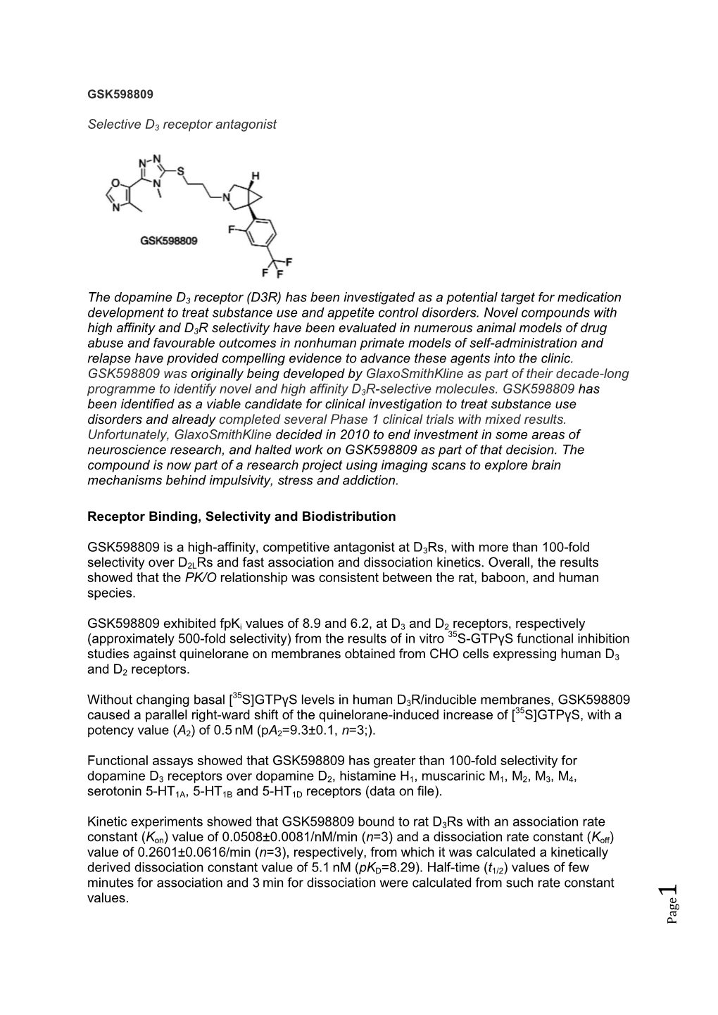 Page Selective D3 Receptor Antagonist the Dopamine D3 Receptor