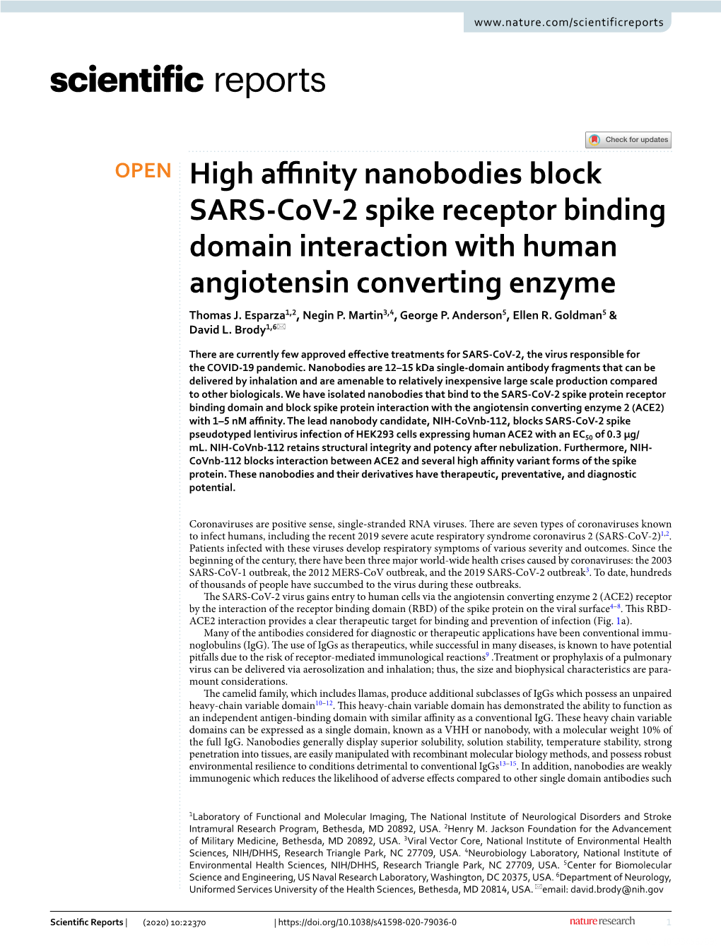 High Affinity Nanobodies Block SARS-Cov-2 Spike