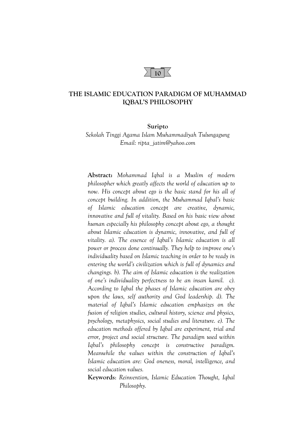 The Islamic Education Paradigm of Muhammad Iqbal’S Philosophy