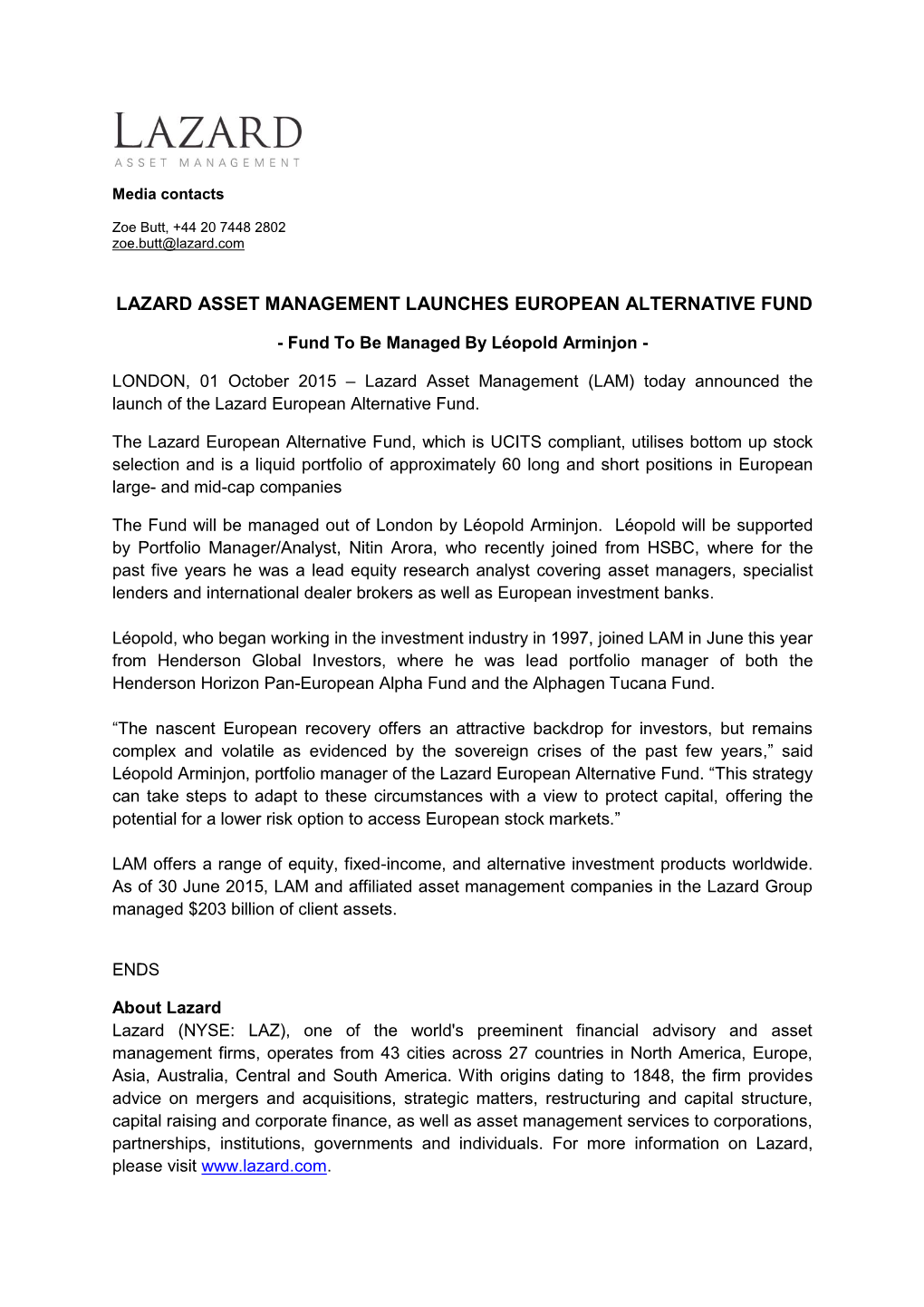 Lazard Asset Management Launches European Alternative Fund
