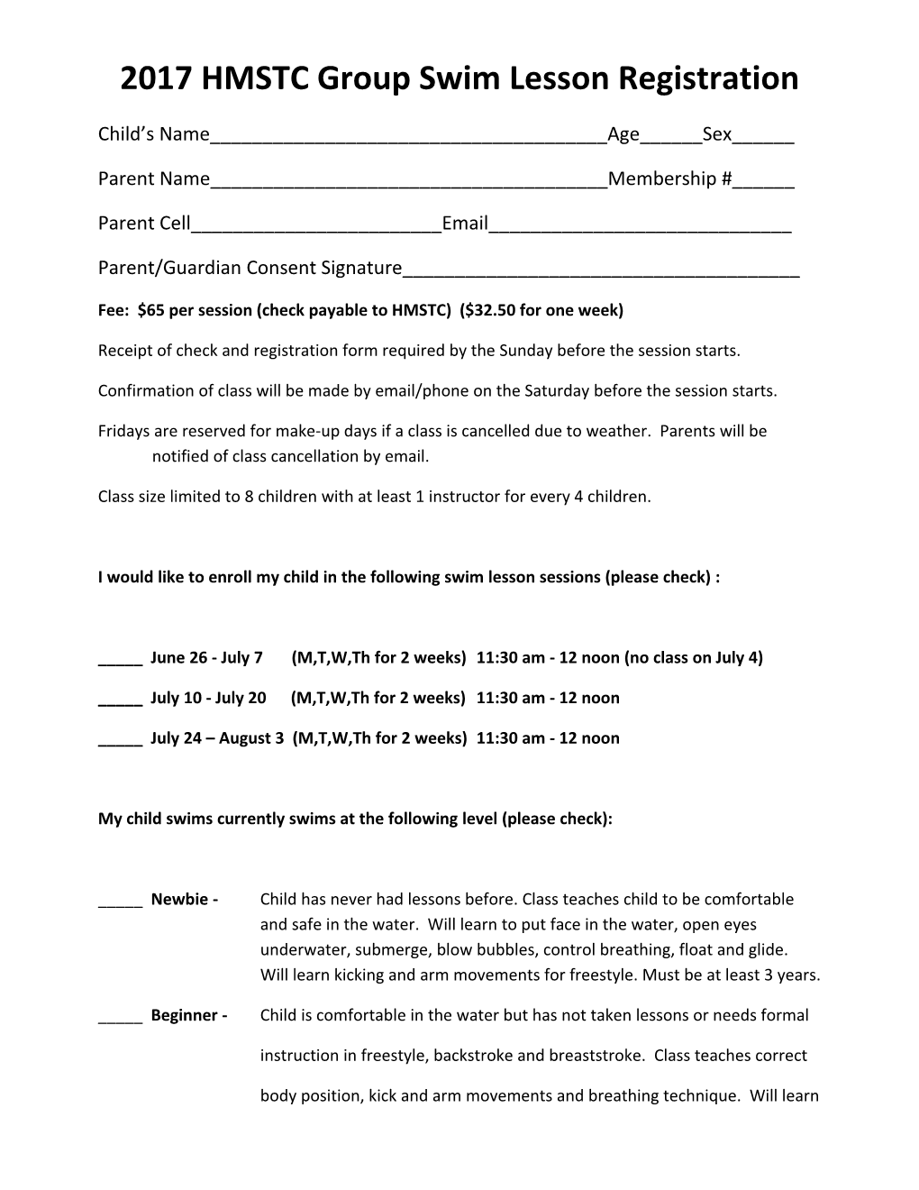 2017 HMSTC Group Swim Lesson Registration