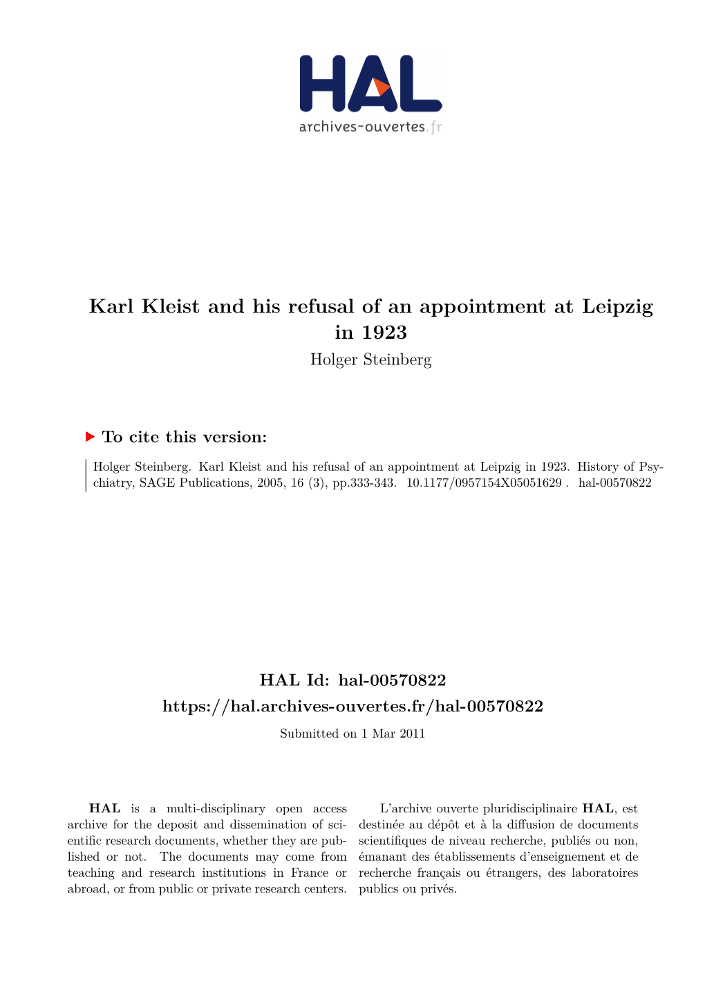 Karl Kleist and His Refusal of an Appointment at Leipzig in 1923 Holger Steinberg