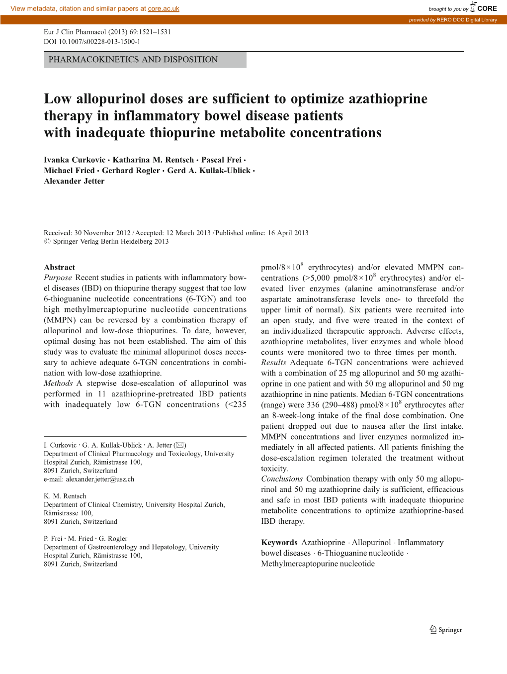 Low Allopurinol Doses Are Sufficient to Optimize Azathioprine Therapy in Inflammatory Bowel Disease Patients with Inadequate Thiopurine Metabolite Concentrations