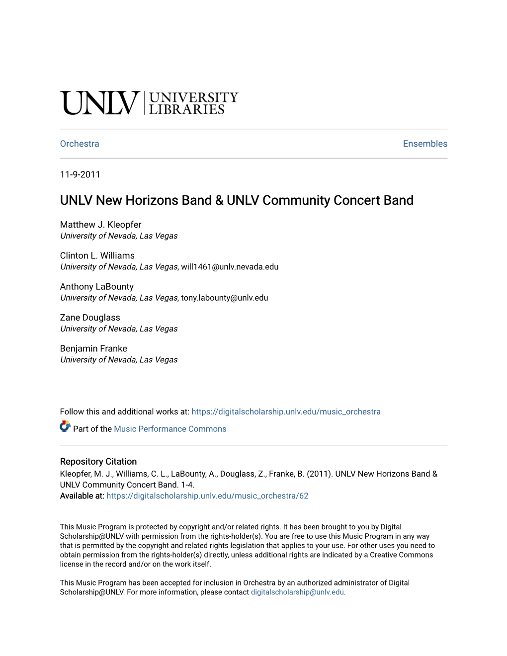 UNLV New Horizons Band & UNLV Community Concert Band