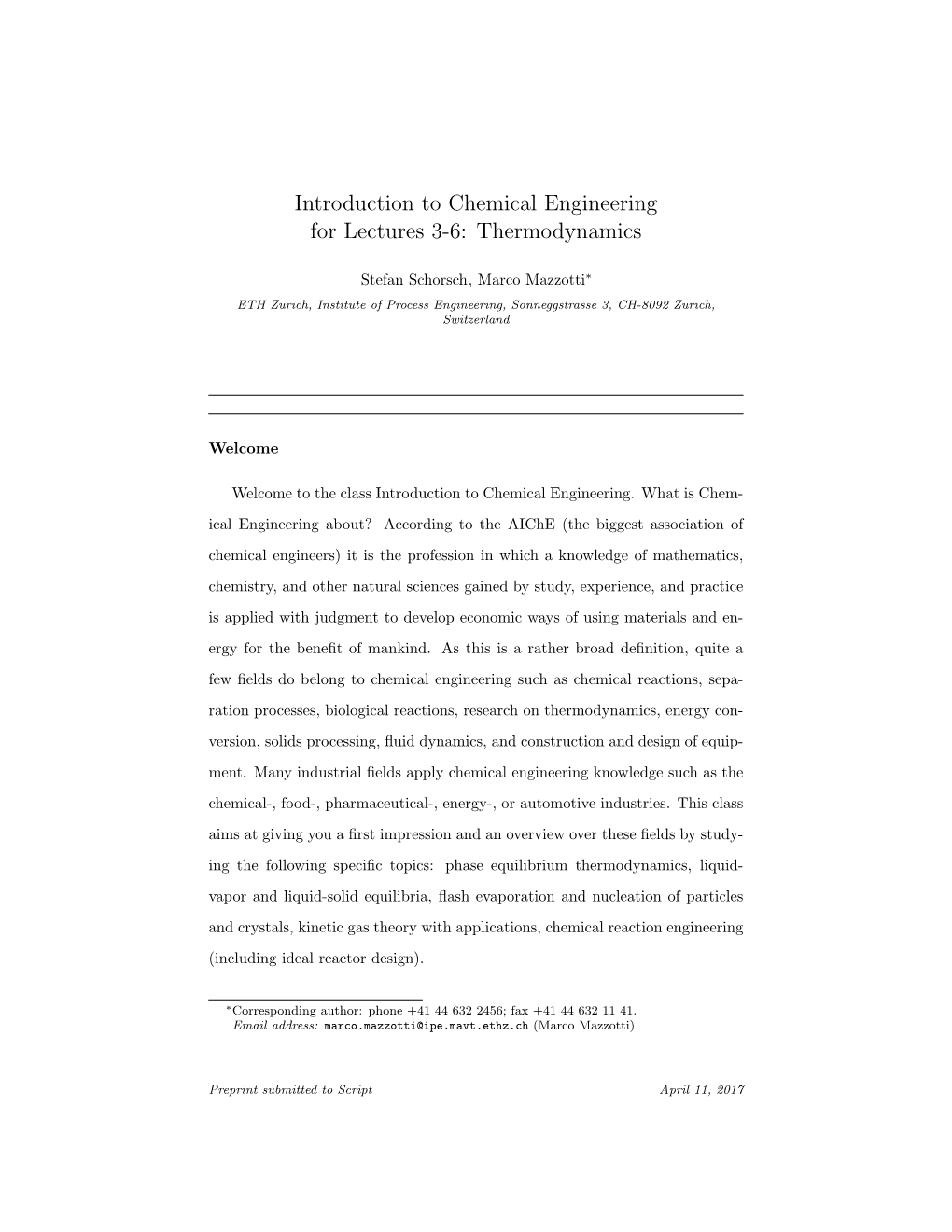 Introduction to Chemical Engineering for Lectures 3-6: Thermodynamics