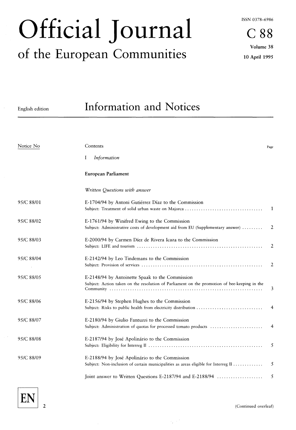 Official Journal C88 Volume 38 of the European Communities 10 April 1995