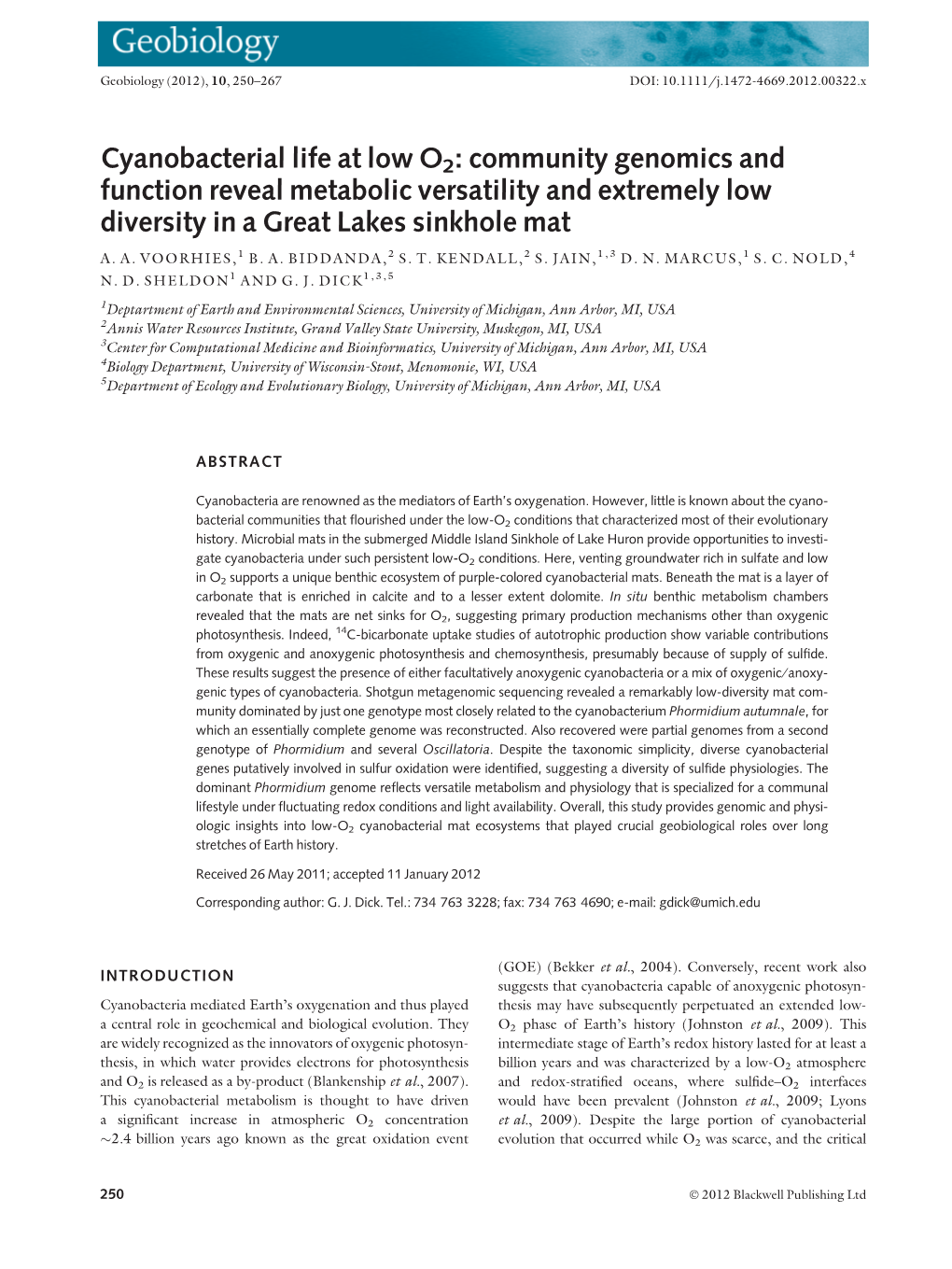 Cyanobacterial Life at Low O2: Community Genomics and Function Reveal Metabolic Versatility and Extremely Low Diversity in a Great Lakes Sinkhole Mat A