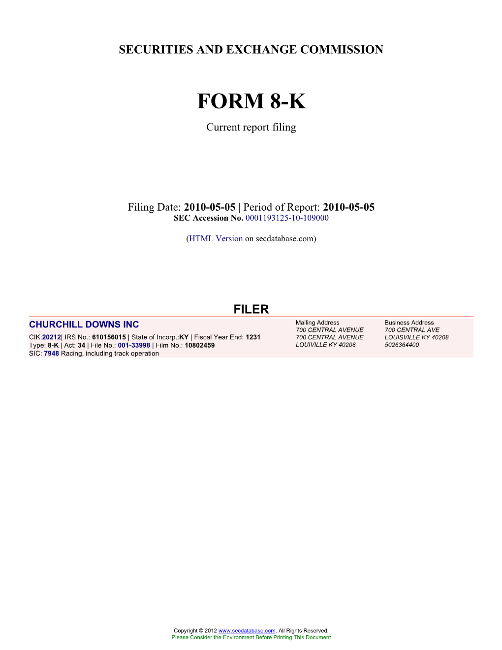 CHURCHILL DOWNS INC (Form: 8-K, Filing Date