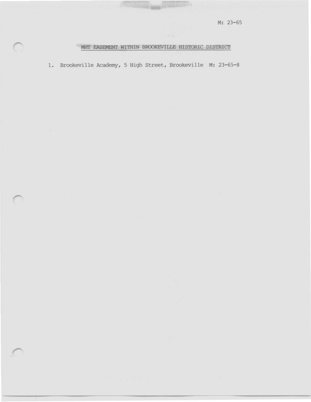 Maryland Historical Trust Survey Form for the Town of Brookeville and Description of Houses in the District