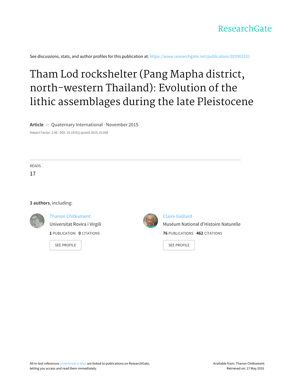 Tham Lod Rockshelter (Pang Mapha District, North-Western Thailand): Evolution of the Lithic Assemblages During the Late Pleistocene