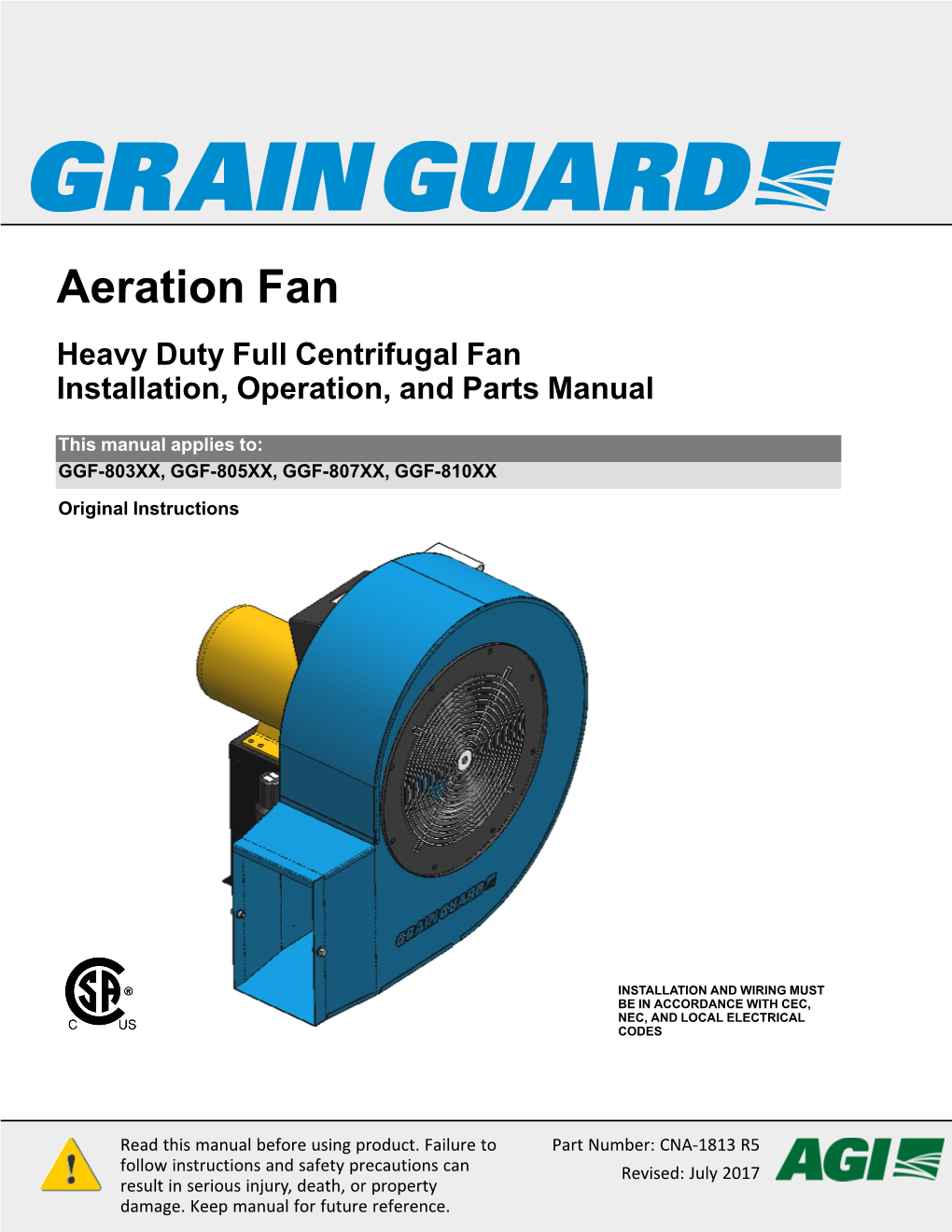 Aeration Fan Heavy Duty Full Centrifugal Fan Installation, Operation, and Parts Manual