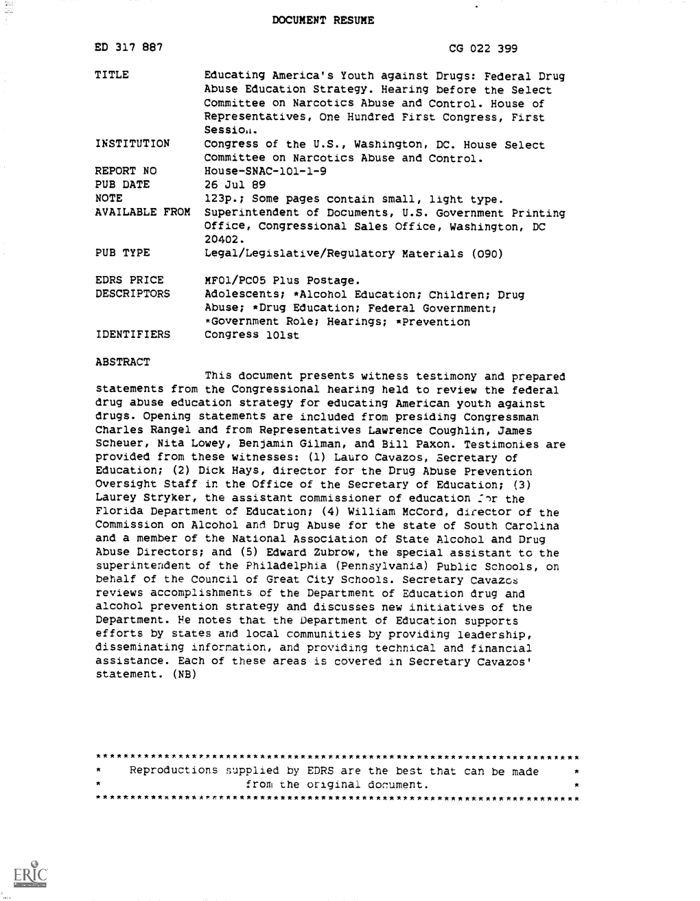 ***********M***************************R************A*********** Educating America's Youth Against Drugs: Federal Drug Abuse Education Strategy