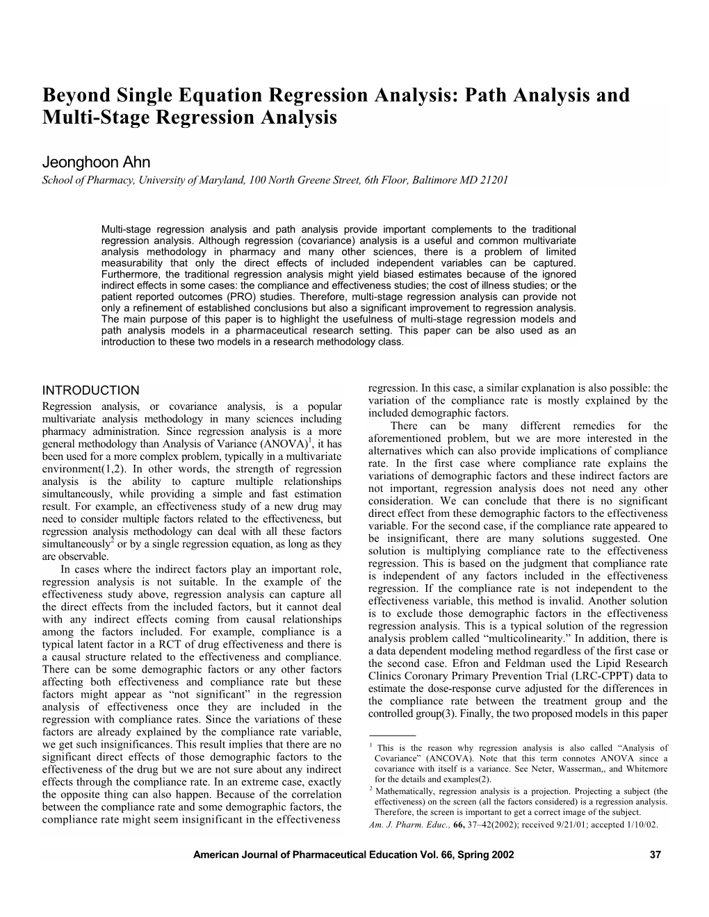 Path Analysis and Multi-Stage Regression Analysis