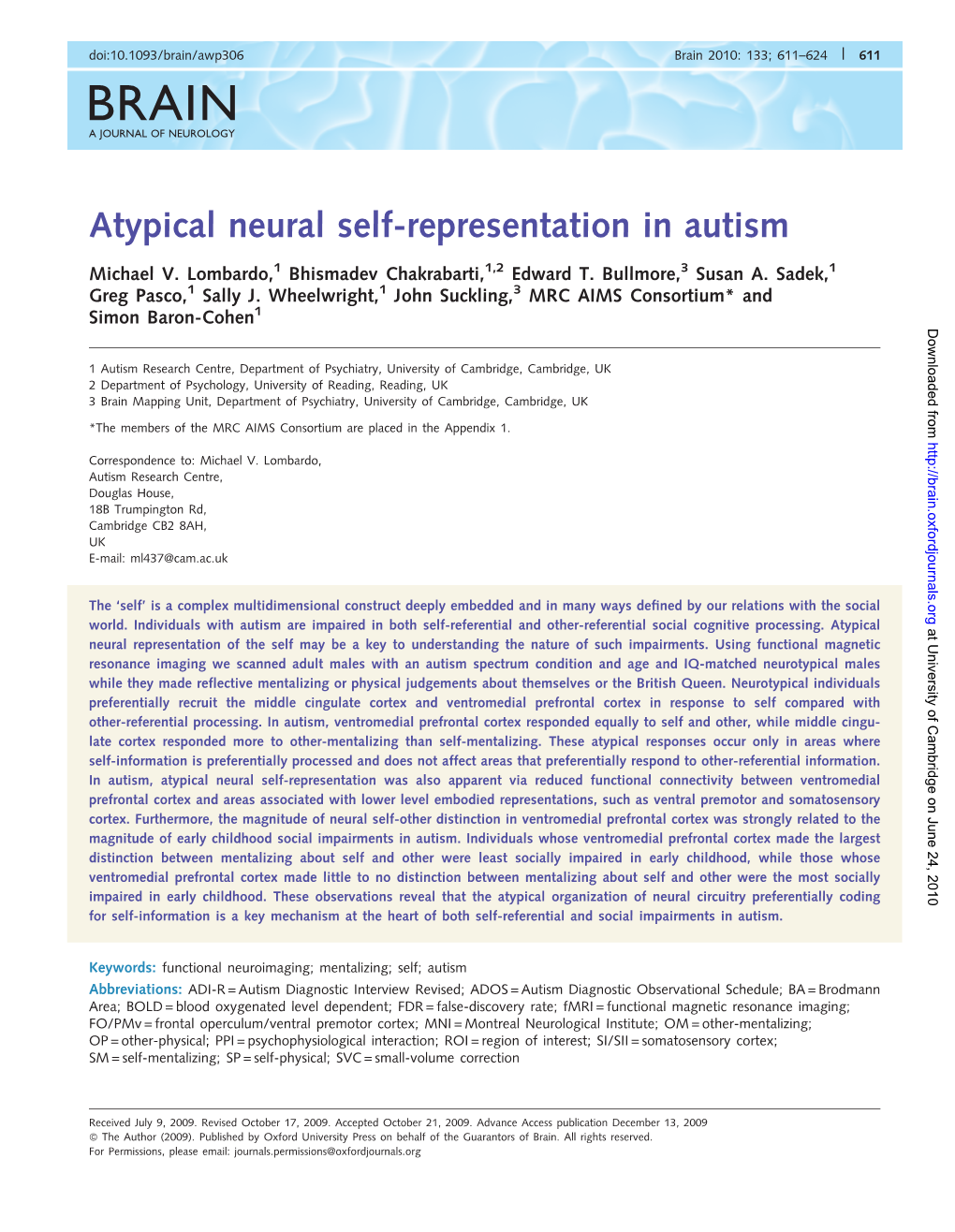 Atypical Neural Self-Representation in Autism