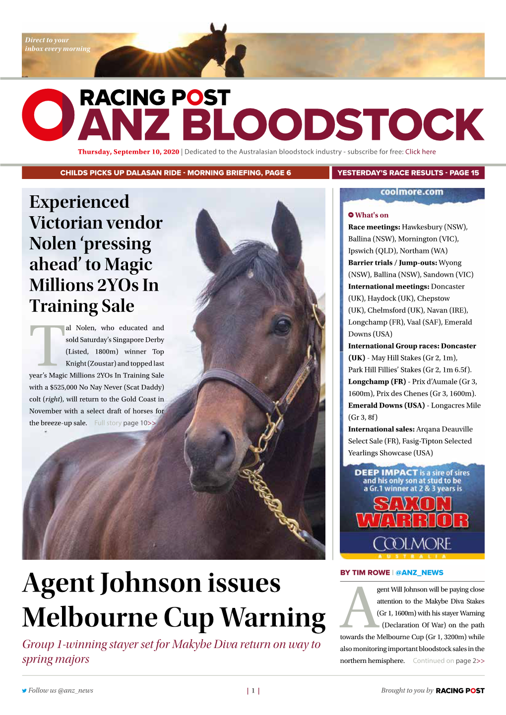 Agent Johnson Issues Melbourne Cup Warning | 2 | Thursday, September 10, 2020