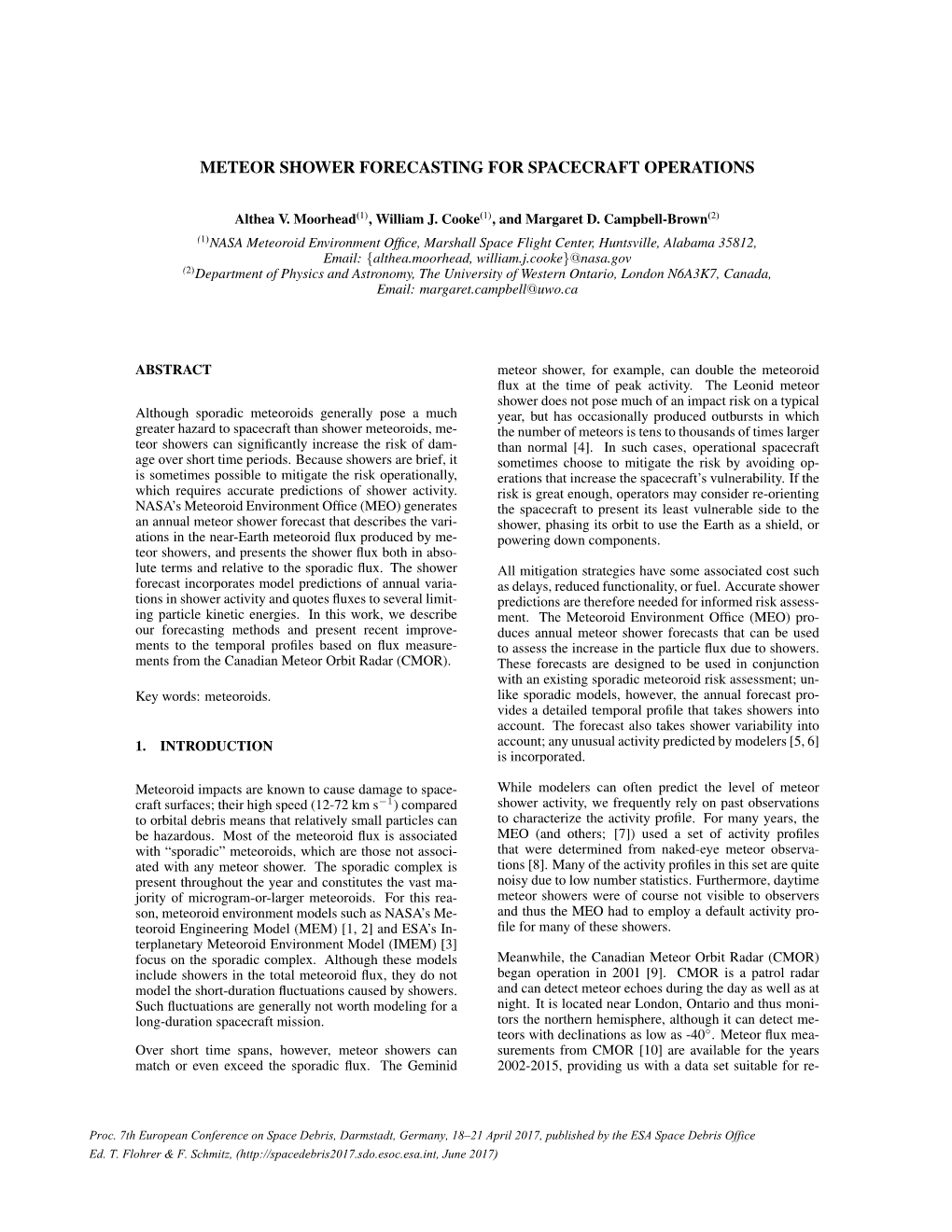 Meteor Shower Forecasting for Spacecraft Operations