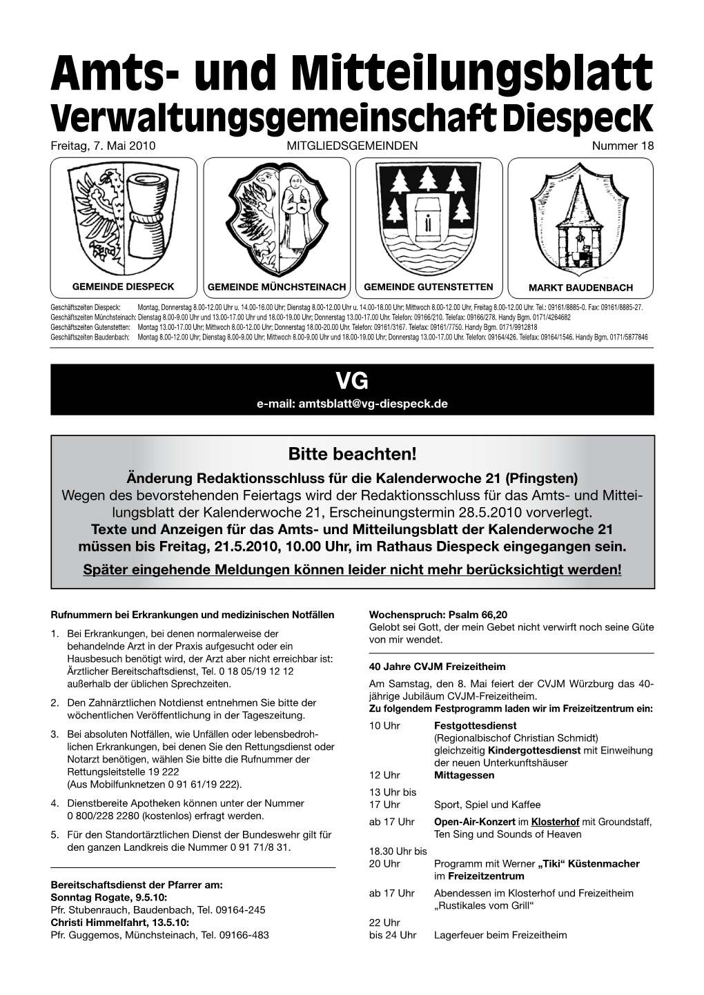 Und Mitteilungsblatt Verwaltungsgemeinschaft Diespeck Freitag, 7