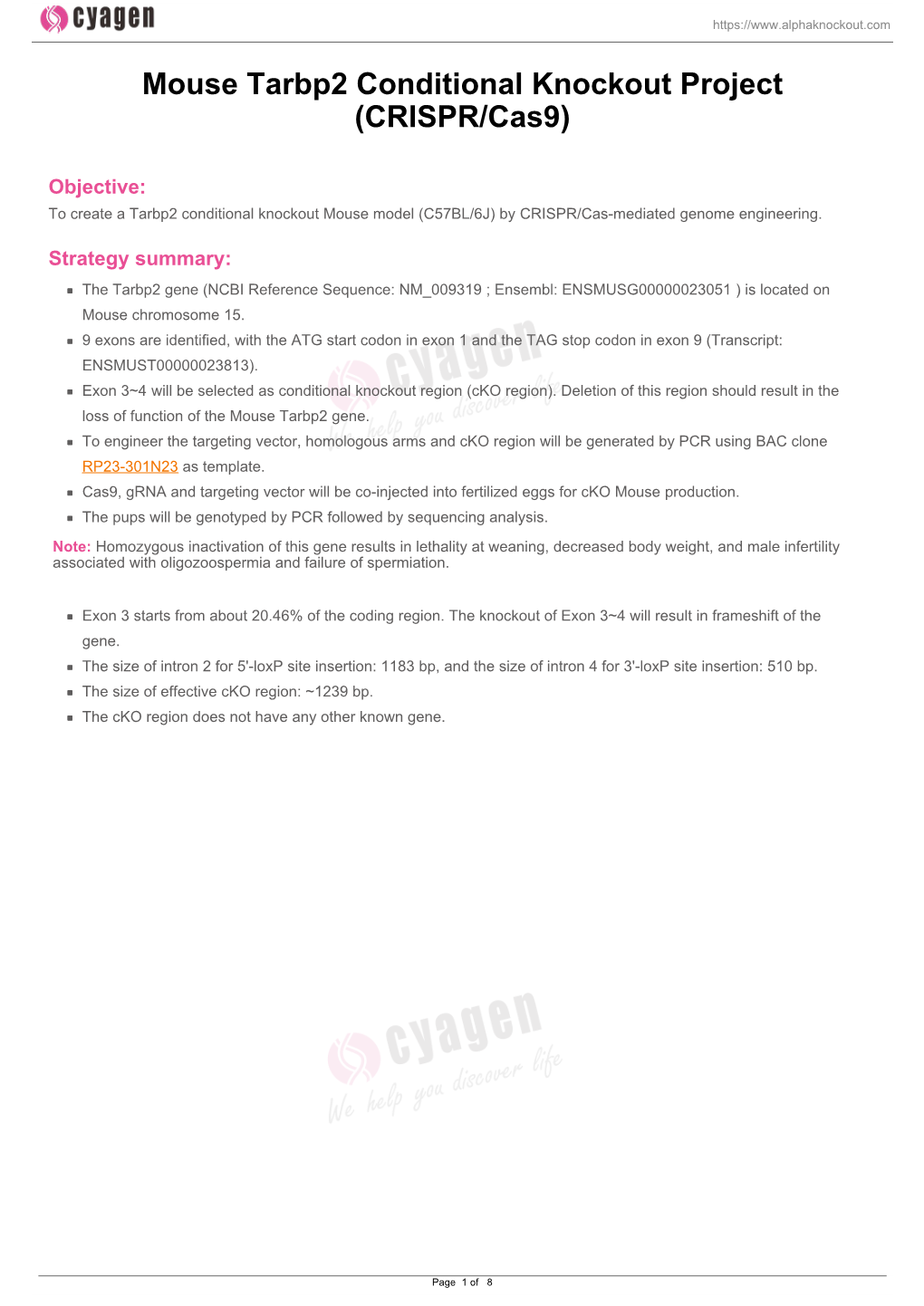 Mouse Tarbp2 Conditional Knockout Project (CRISPR/Cas9)