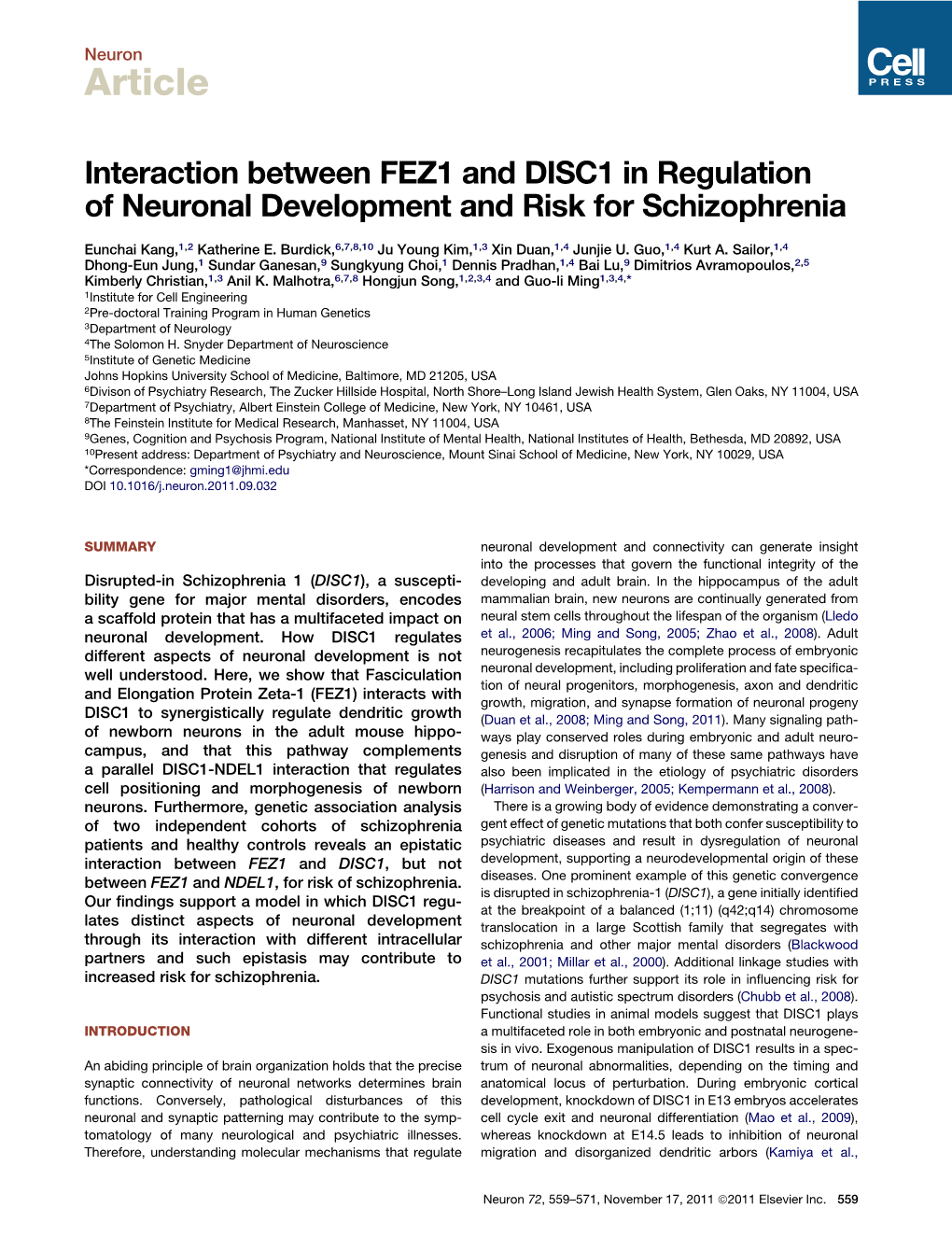 Interaction Between FEZ1 and DISC1 in Regulation of Neuronal Development and Risk for Schizophrenia