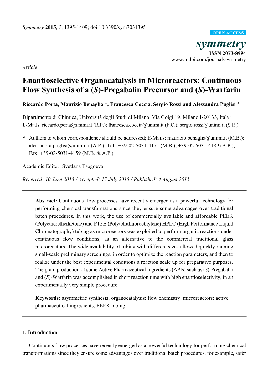 Continuous Flow Synthesis of a (S)-Pregabalin Precursor and (S)-Warfarin