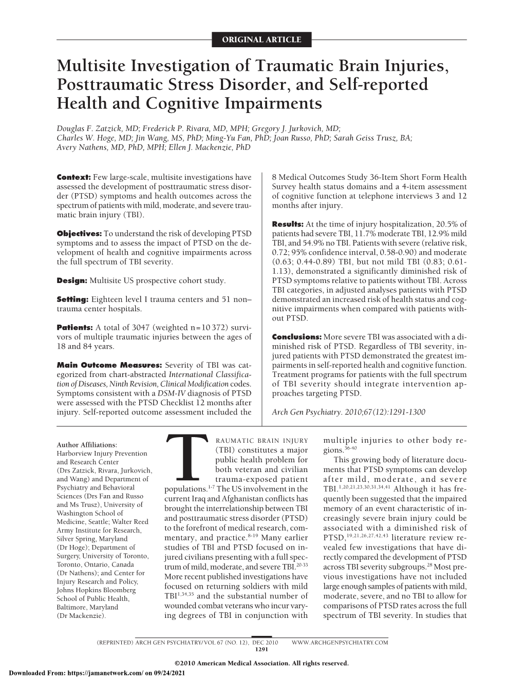 Multisite Investigation of Traumatic Brain Injuries, Posttraumatic Stress Disorder, and Self-Reported Health and Cognitive Impairments